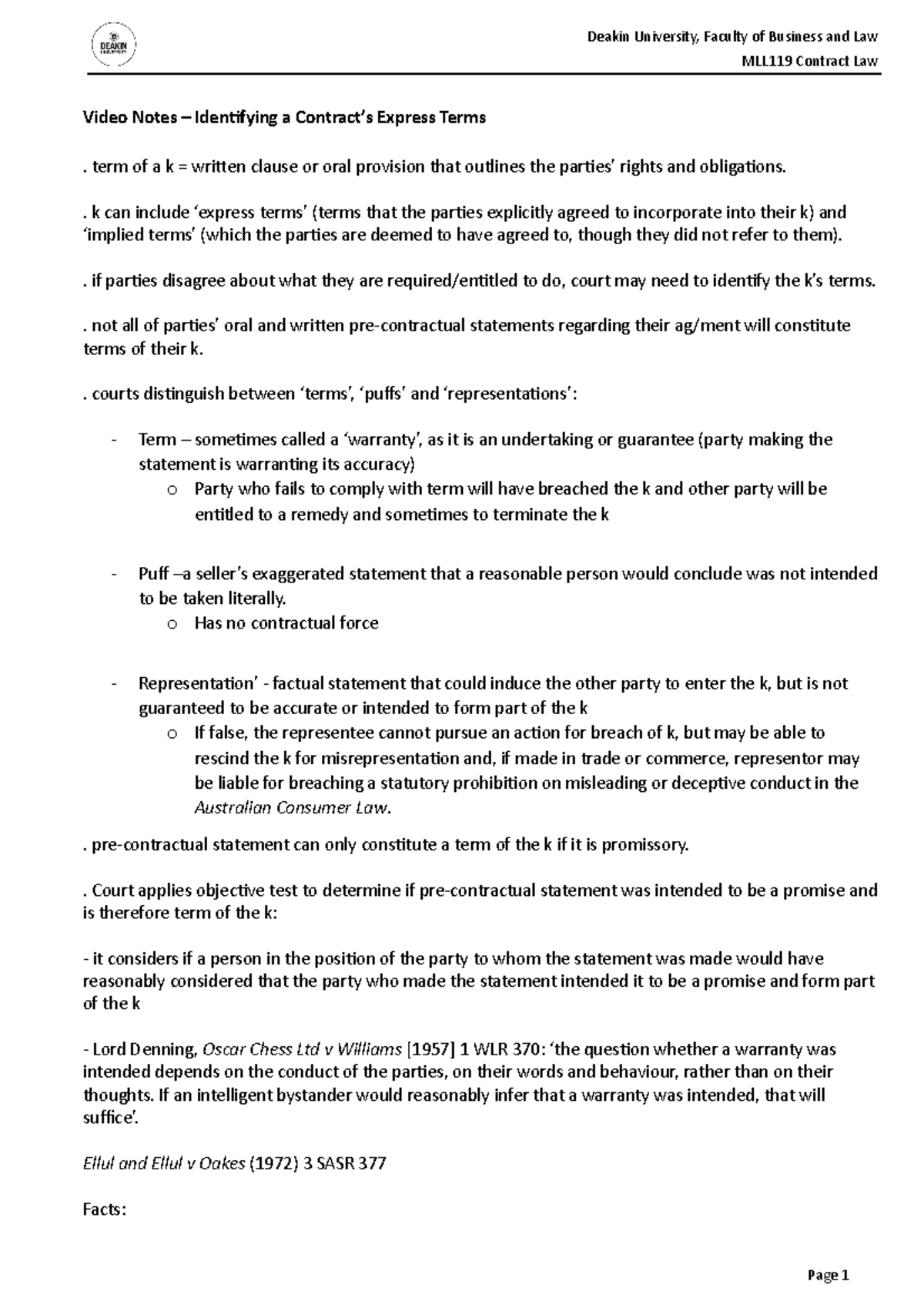 Video Notes 8 - The Parol Evidence Rule - Video Notes – Identifying a ...