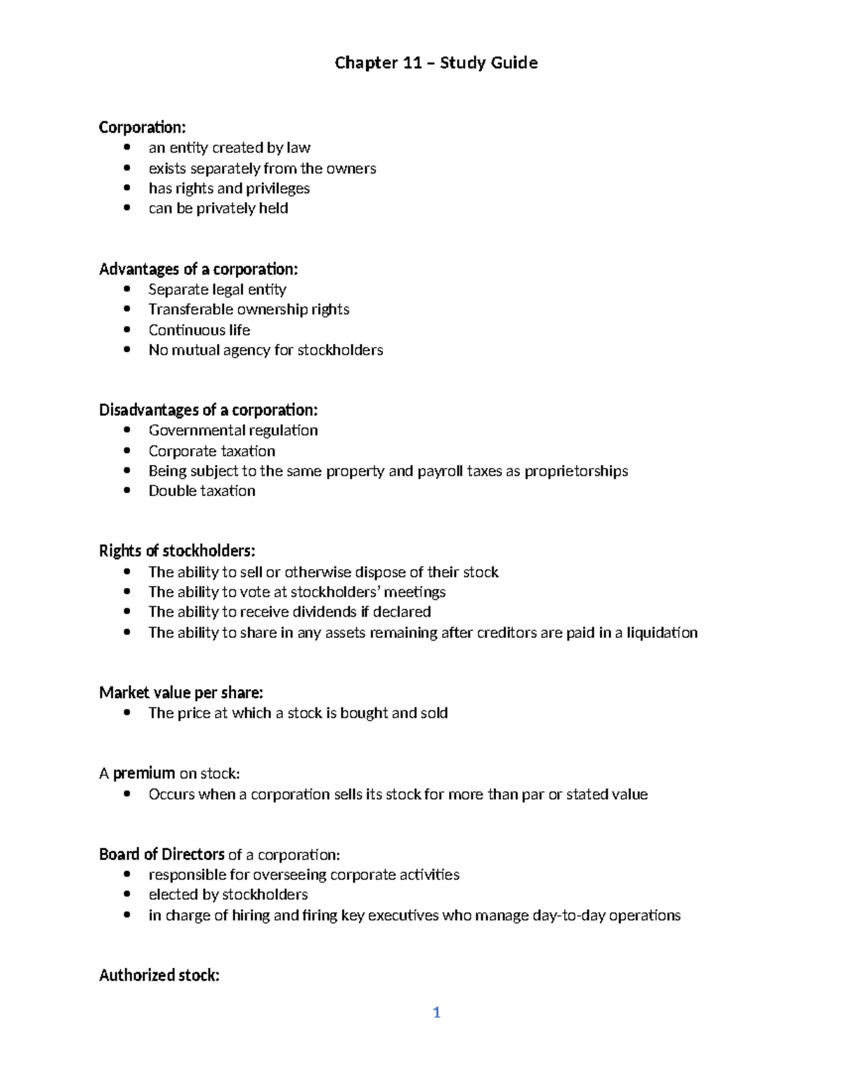 Chapter 11 Study Guide: Corporate Structure and Stock Management ...