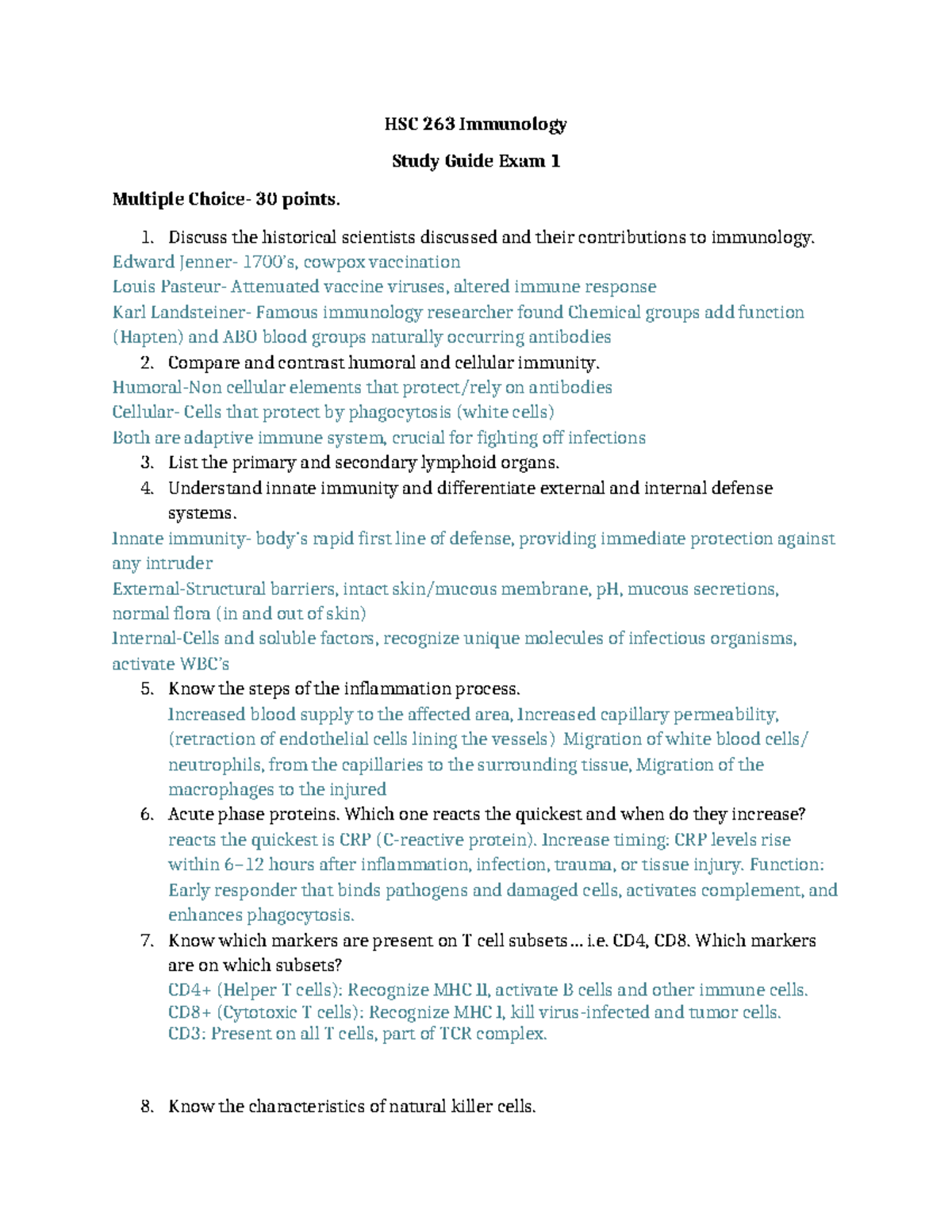 HSC 263 Immunology Study Guide: Exam 1 Comprehensive Review - Studocu