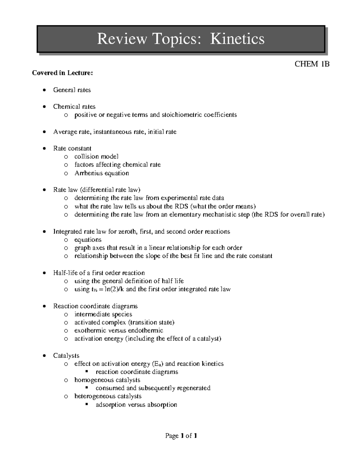 Kinetics Overview and Key Concepts - CHEM 1B Lecture Notes - Studocu