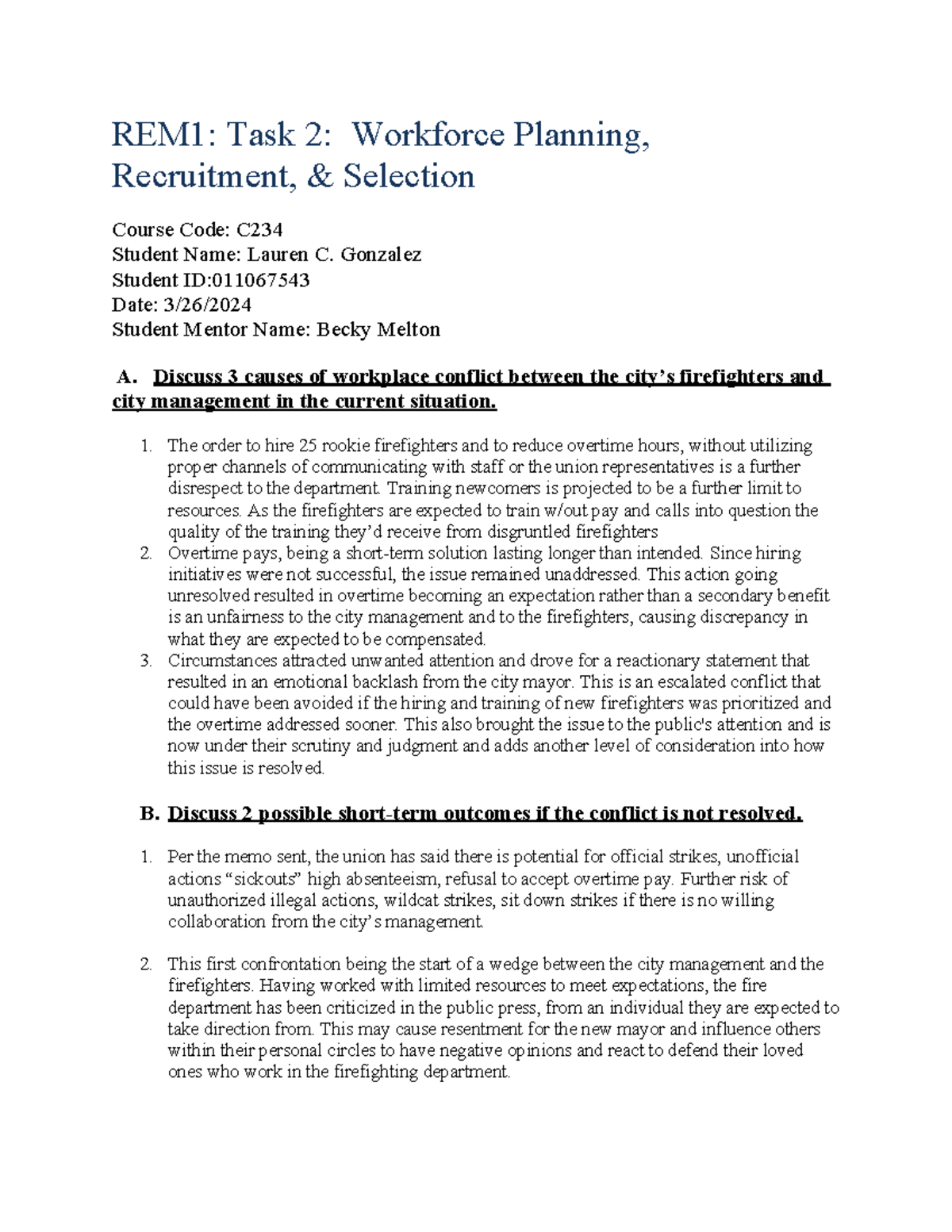 C234: Task 2 - Analyzing Workforce Conflict in Fire Department ...