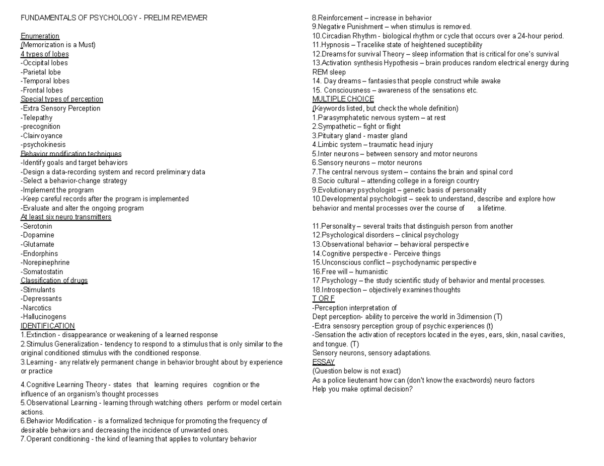 FUNDAMENTALS OF PSYCHOLOGY PRELIM REVIEWER: Key Concepts & Techniques ...