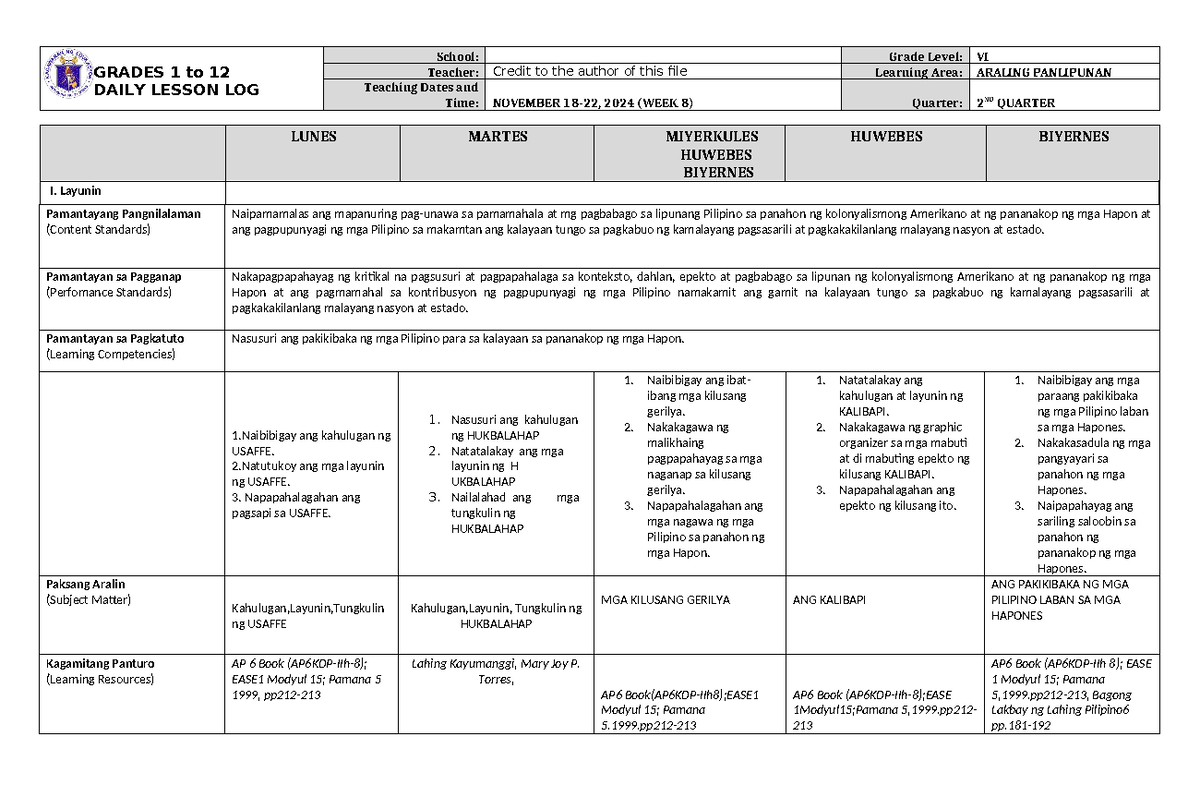 DLL Araling Panlipunan 6 Q2 W8 - GRADES 1 to 12 DAILY LESSON LOG School ...