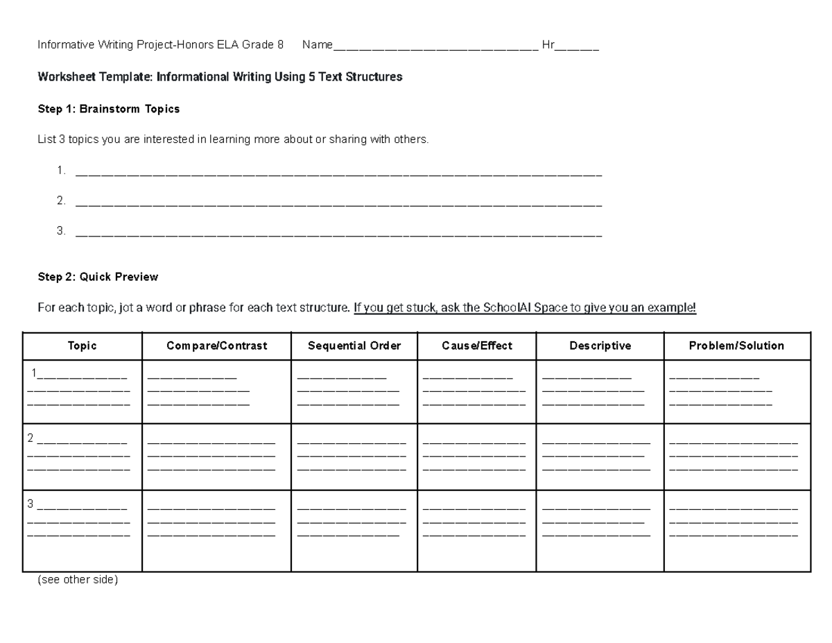 Honors ELA Informational Writing Brainstorm Worksheet Template - Studocu