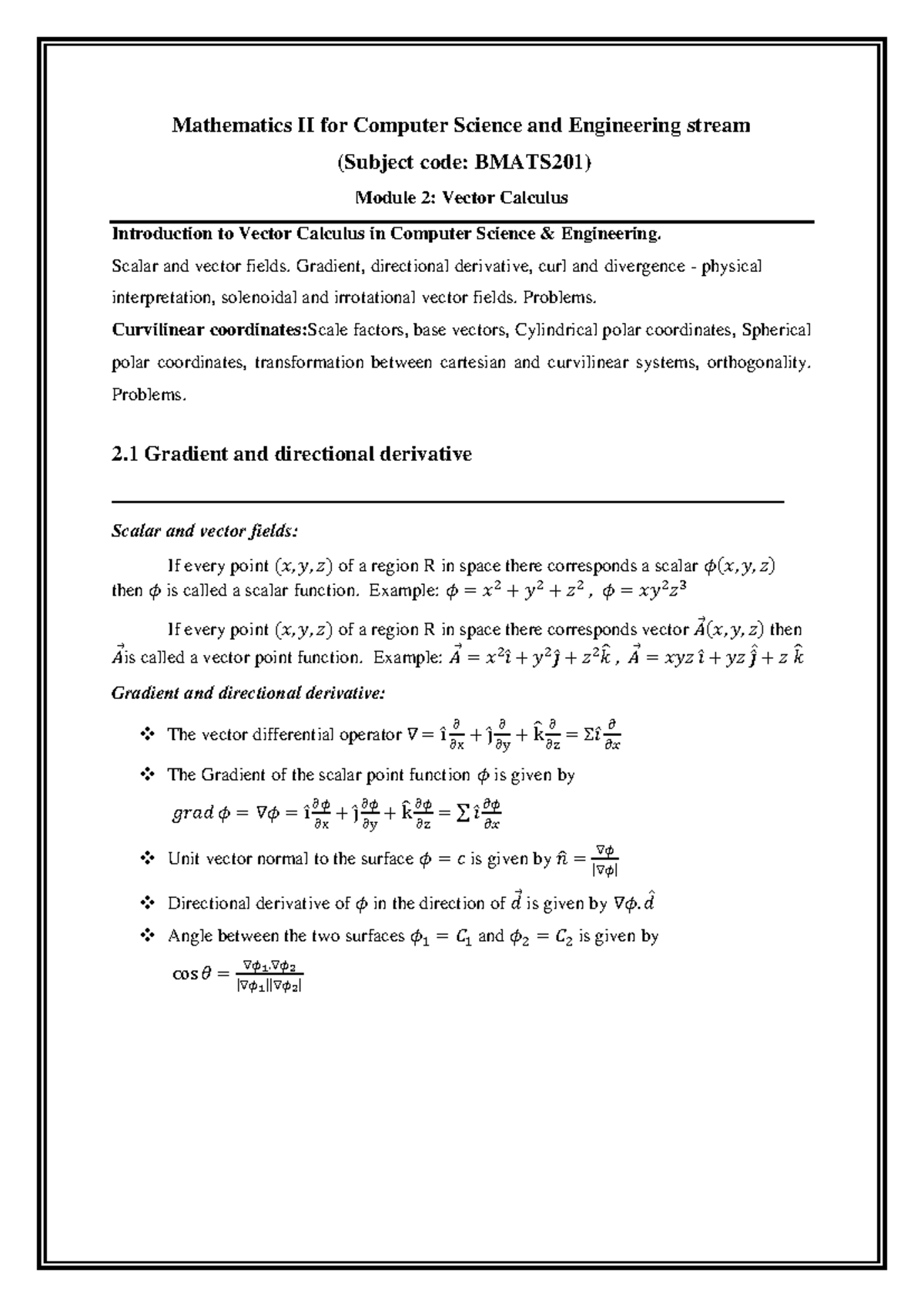 Mathematics II (BMATS201) Module 2: Vector Calculus Overview and ...