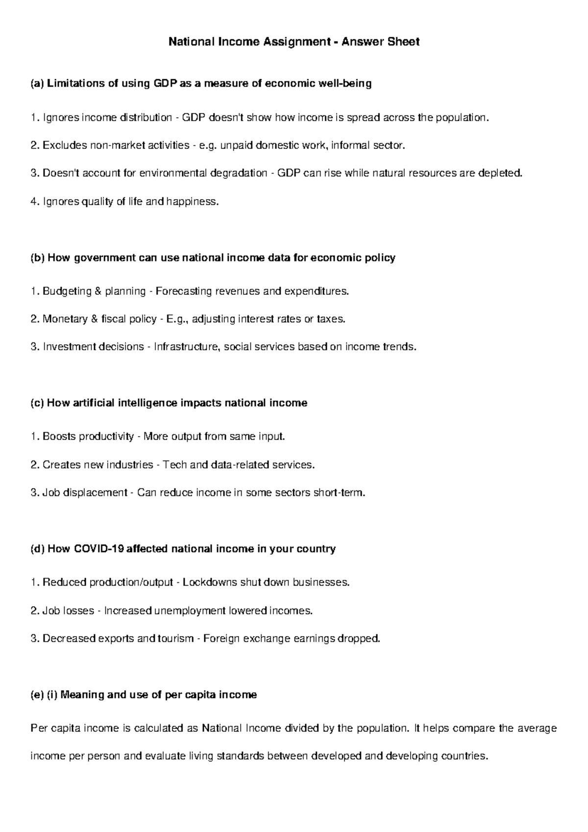 National Income Assignment Answers: Limitations & Impacts - Studocu