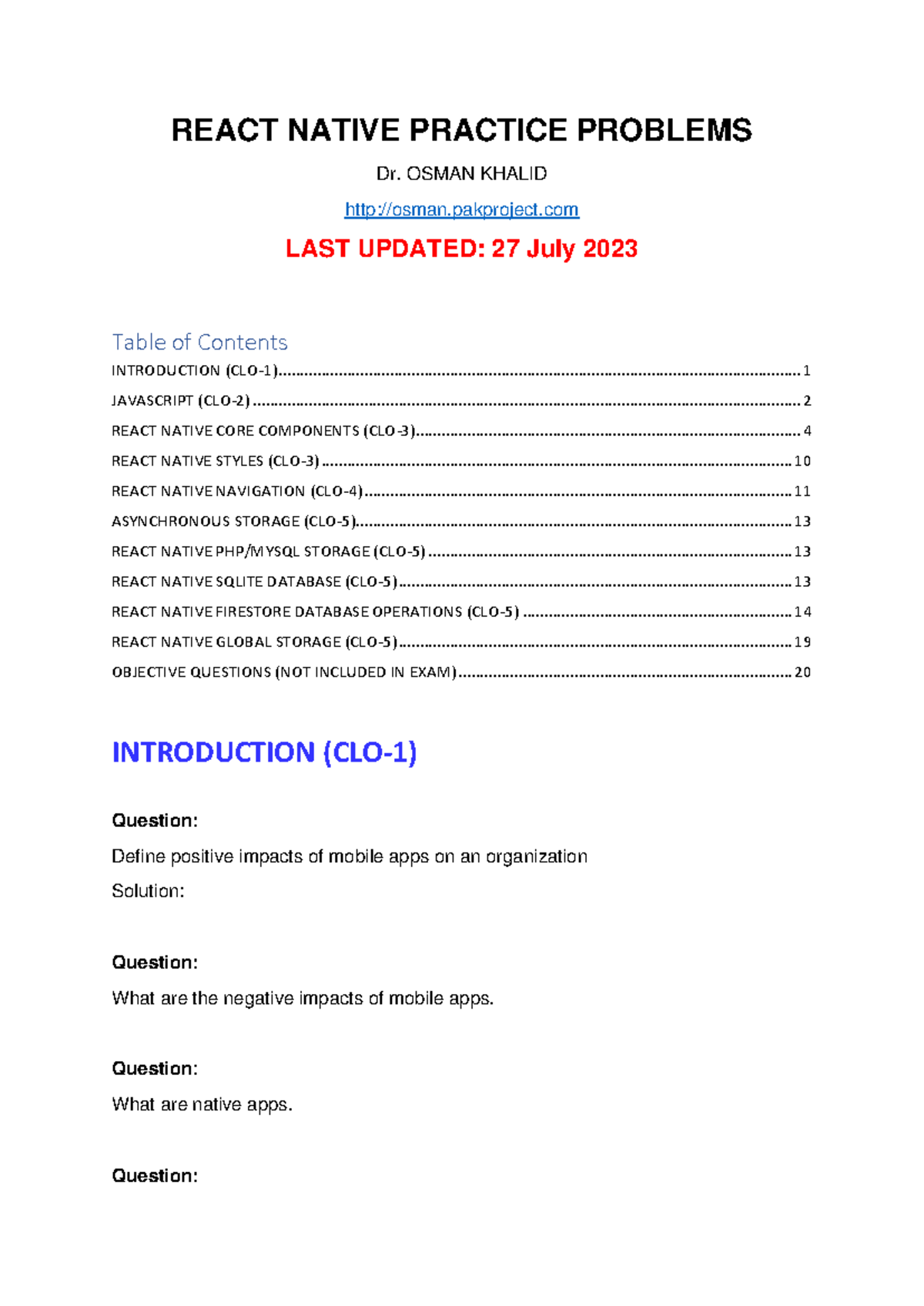MAD-Practice-Problems - REACT NATIVE PRACTICE PROBLEMS Dr. OSMAN KHALID ...
