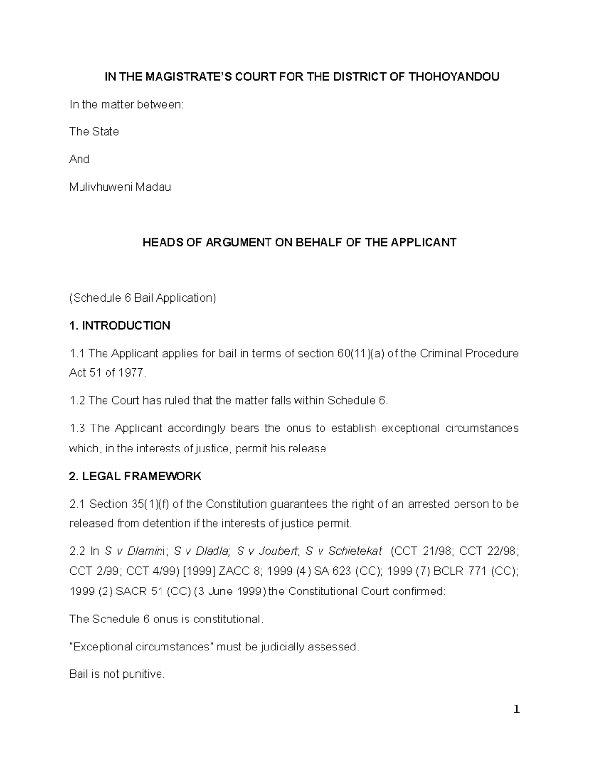 Heads of Argument for Bail Application: State vs. Madau (Schedule 6 ...
