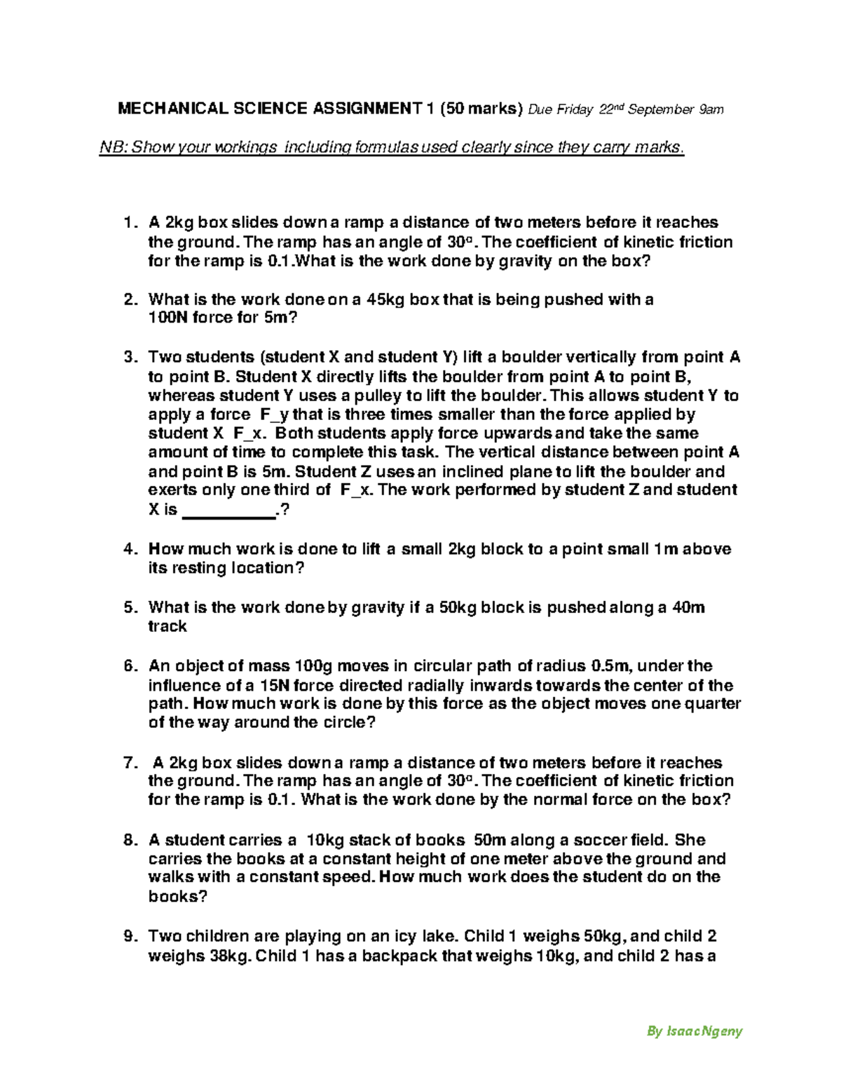 Mechanical Science Assignment 1 (MS101) - Work & Energy Problems - Studocu