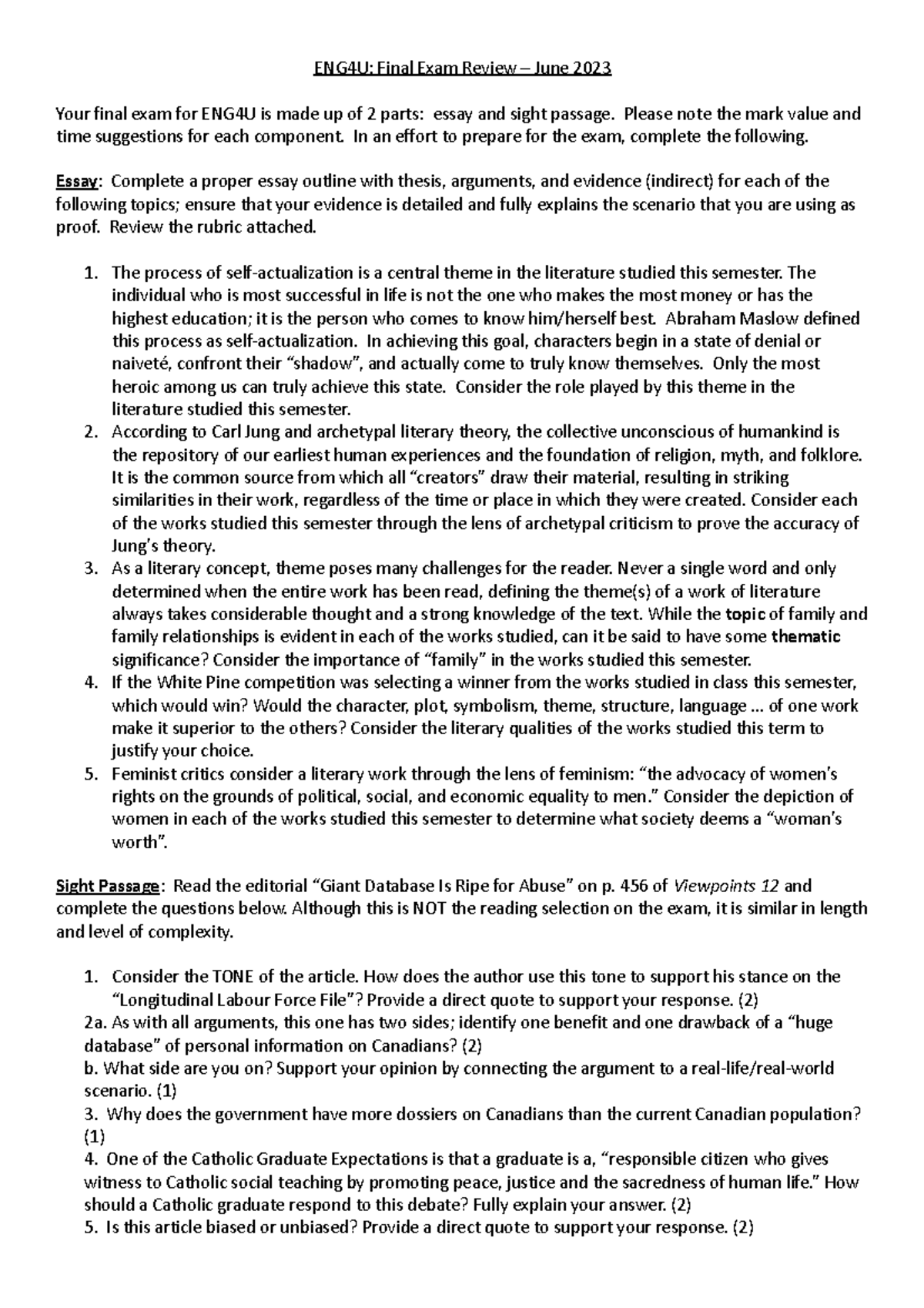 4UExam Review June 2023 - ENG4U: Final Exam Review – June 2023 Your ...