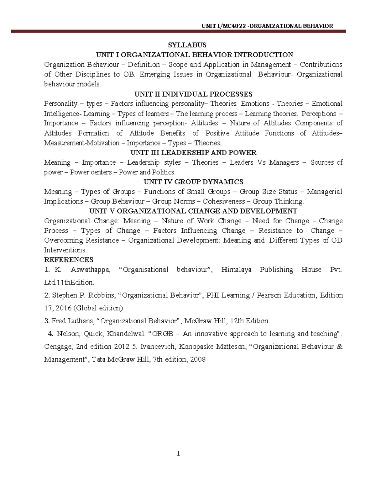 UNIT I: Organizational Behavior Syllabus and Key Concepts - Studocu
