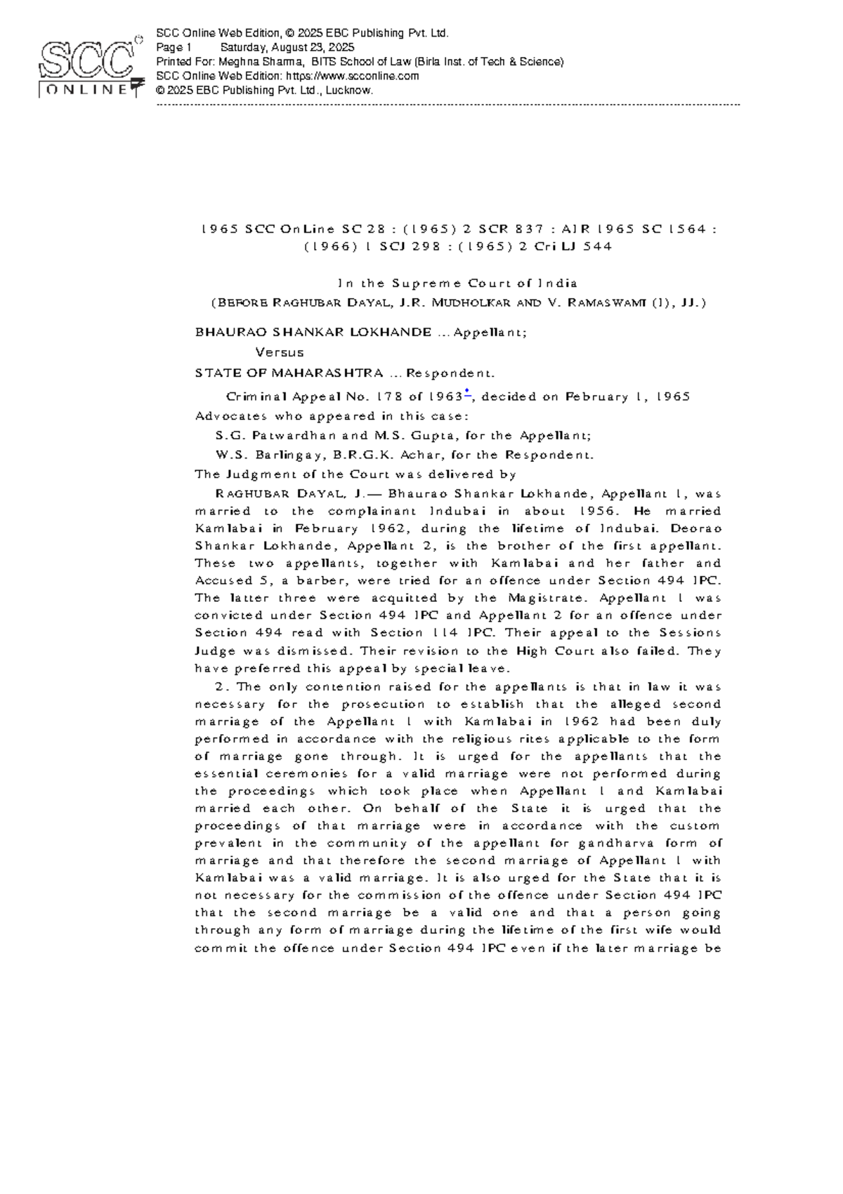 Bhaurao Lokhande v. Maharashtra: Case Study on Section 494 IPC - Studocu