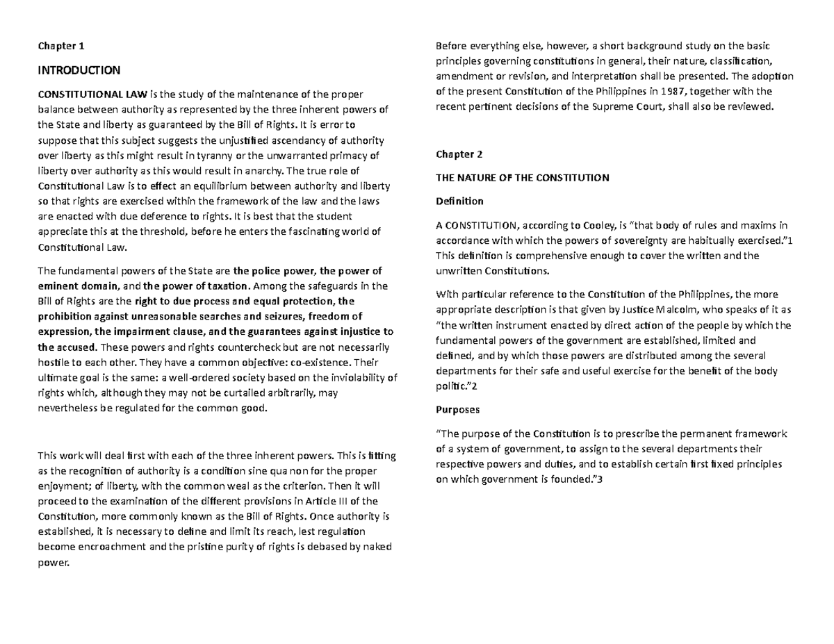 Constitutional Law Overview: Inherent Powers & Bill of Rights - Studocu