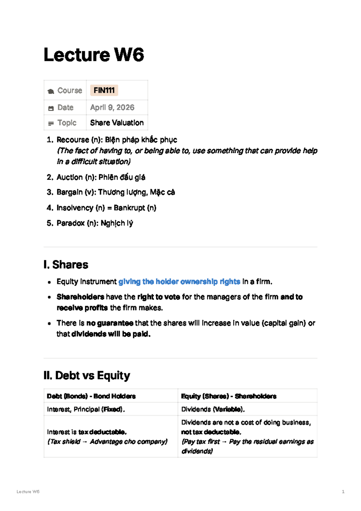 Share Valuation Lecture W6 - Key Concepts and Models - Studocu
