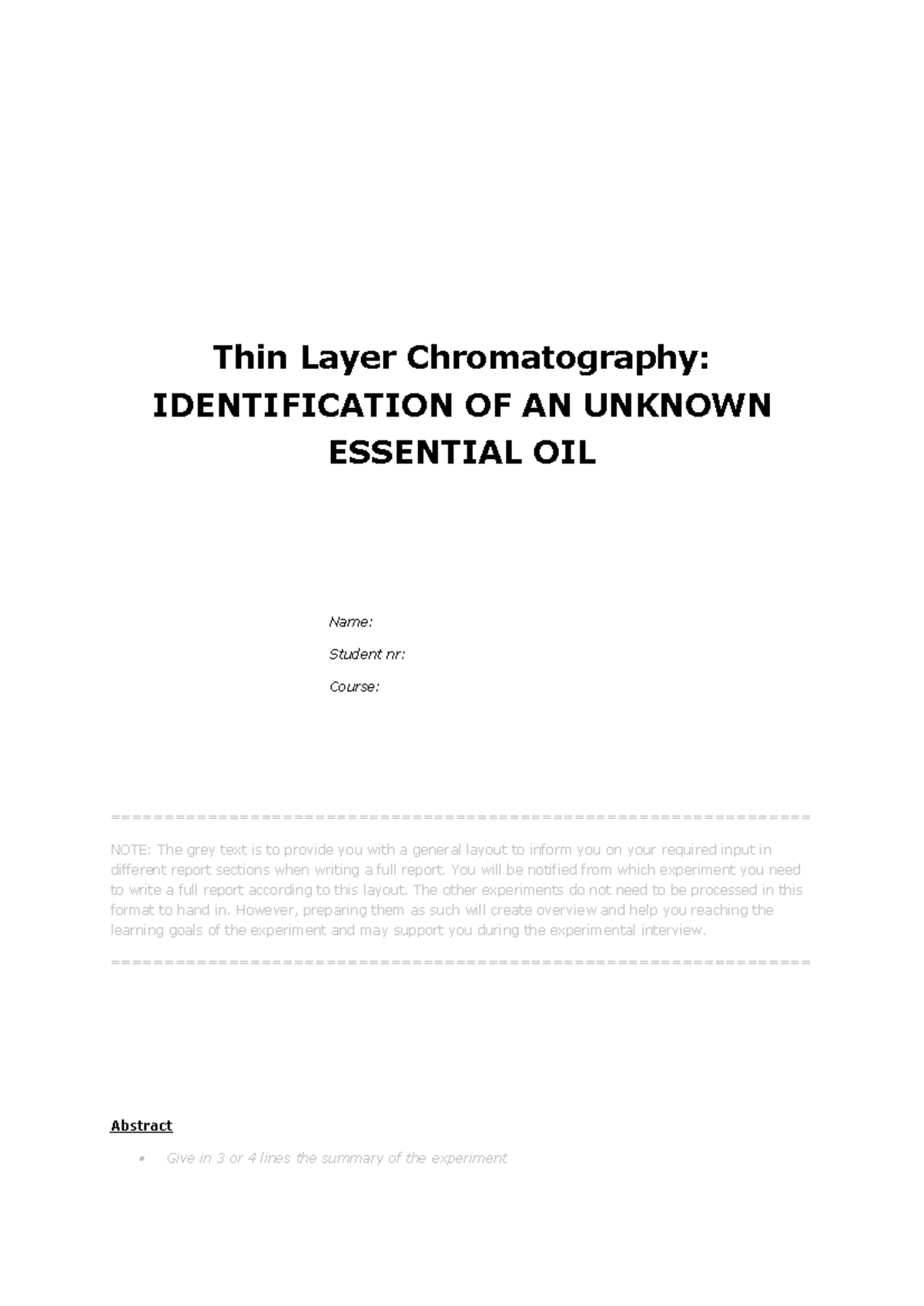 TLC Report Template for Identification of Unknown Essential Oil 2023 ...