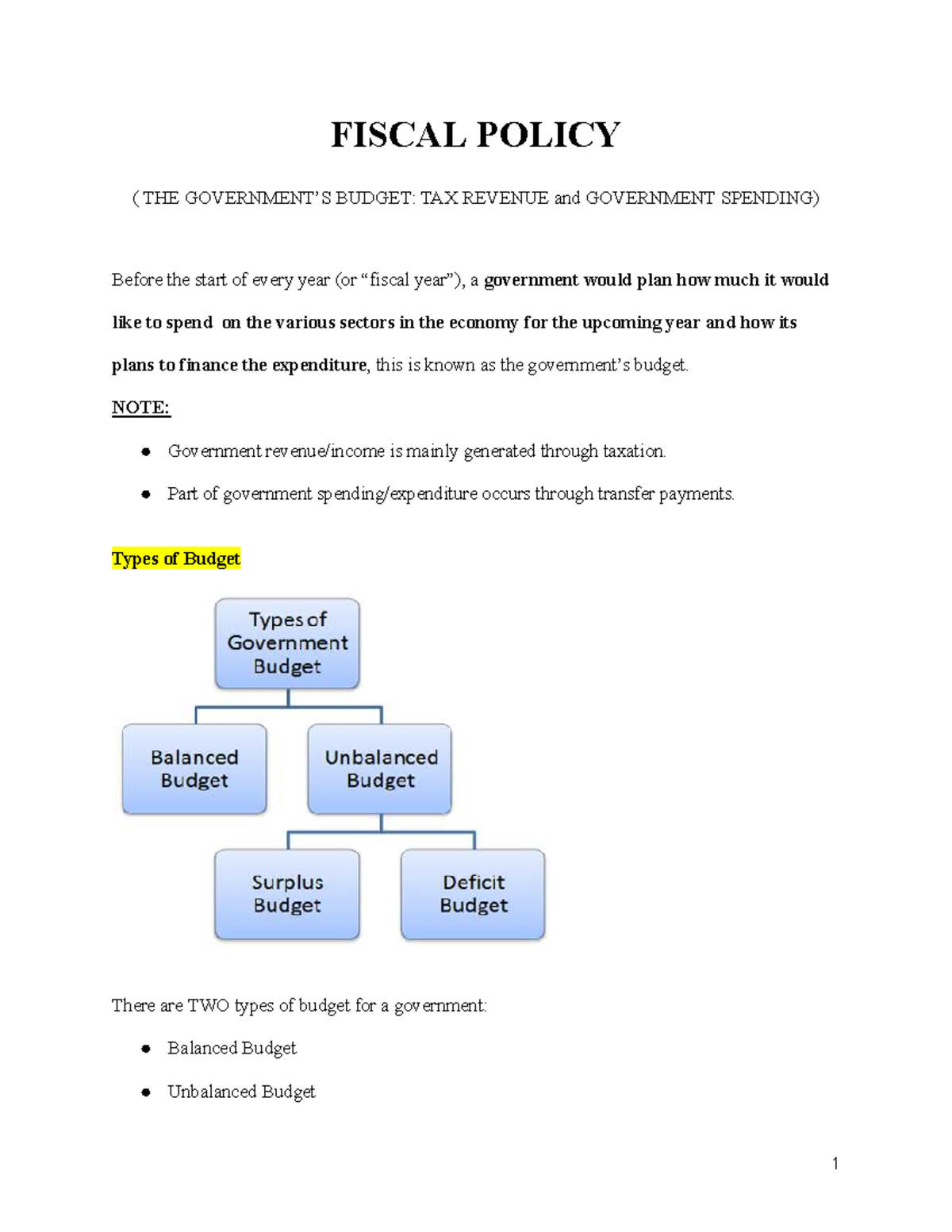 FISCAL POLICY NOTES: BUDGET, TAX REVENUE & SPENDING ANALYSIS - Studocu