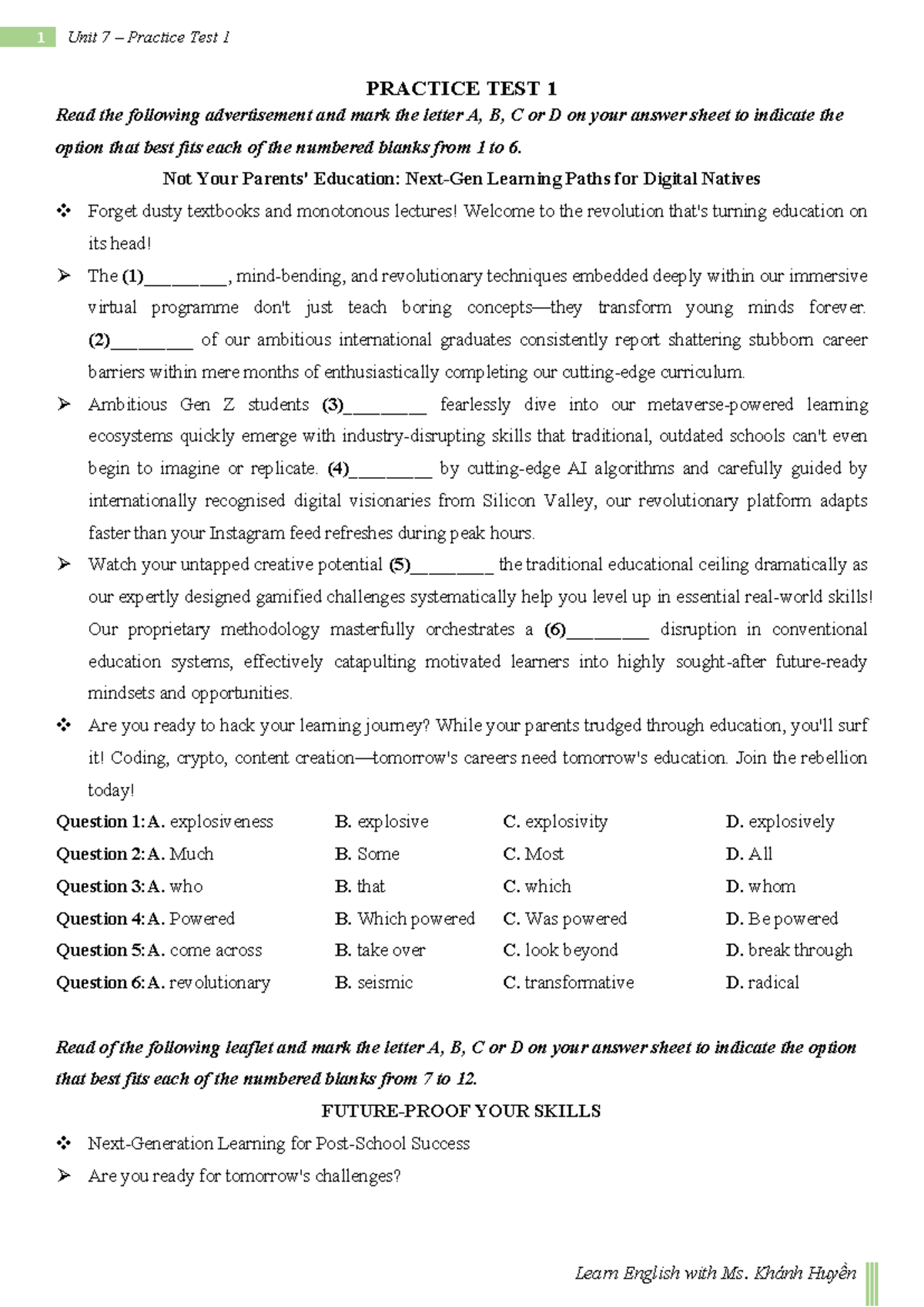 Unit 7 Practice Test 1: Essential Skills for Success - Studocu