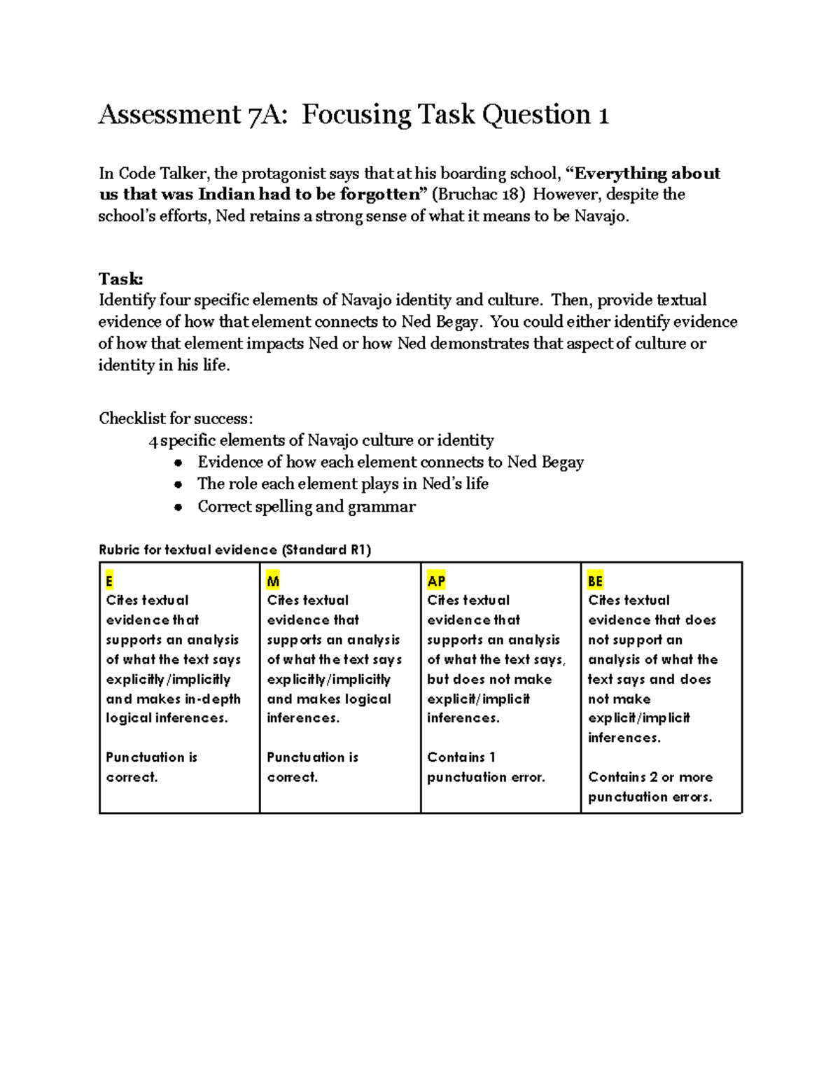 Assessment 7A: Analyzing Navajo Identity in Code Talker - Studocu
