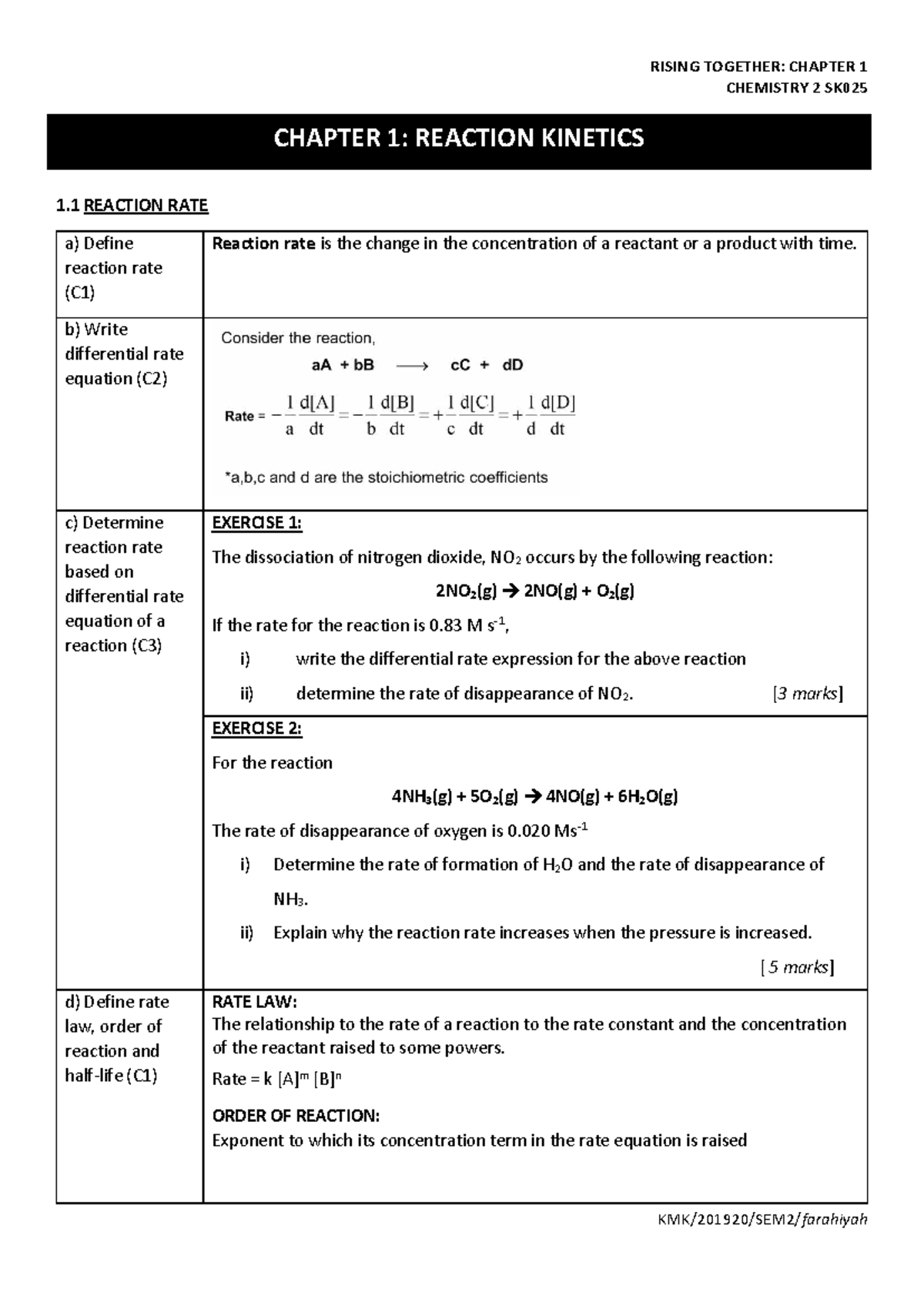 1 RT Chapter 1 - SK025 - CHEMISTRY 2 SK 1 REACTION RATE a) Define ...