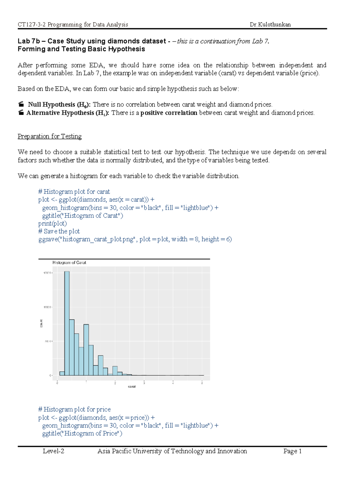 Lab 7b - Diamonds - Basic Hypothesis - Lab 7b – Case Study using ...