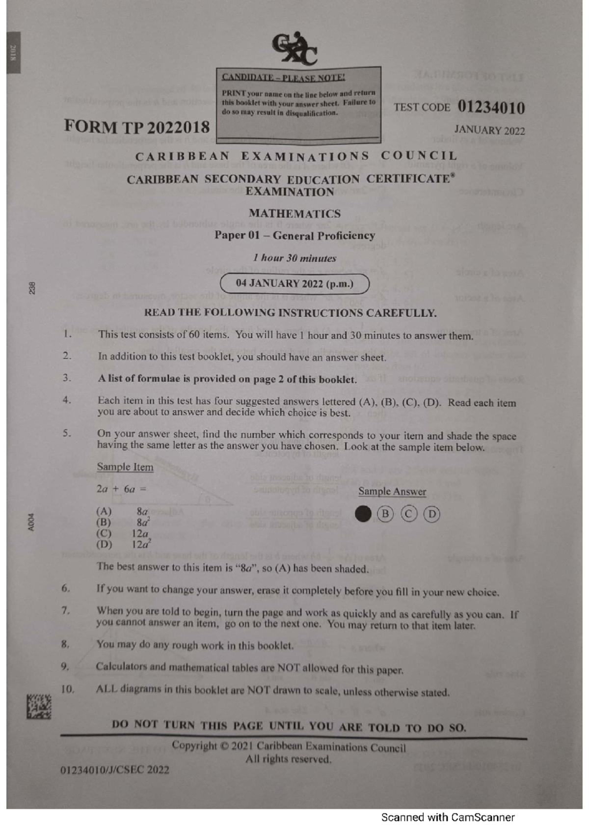 Mathematics CSEC Exam Paper 01 - January 2022 (General Proficiency ...