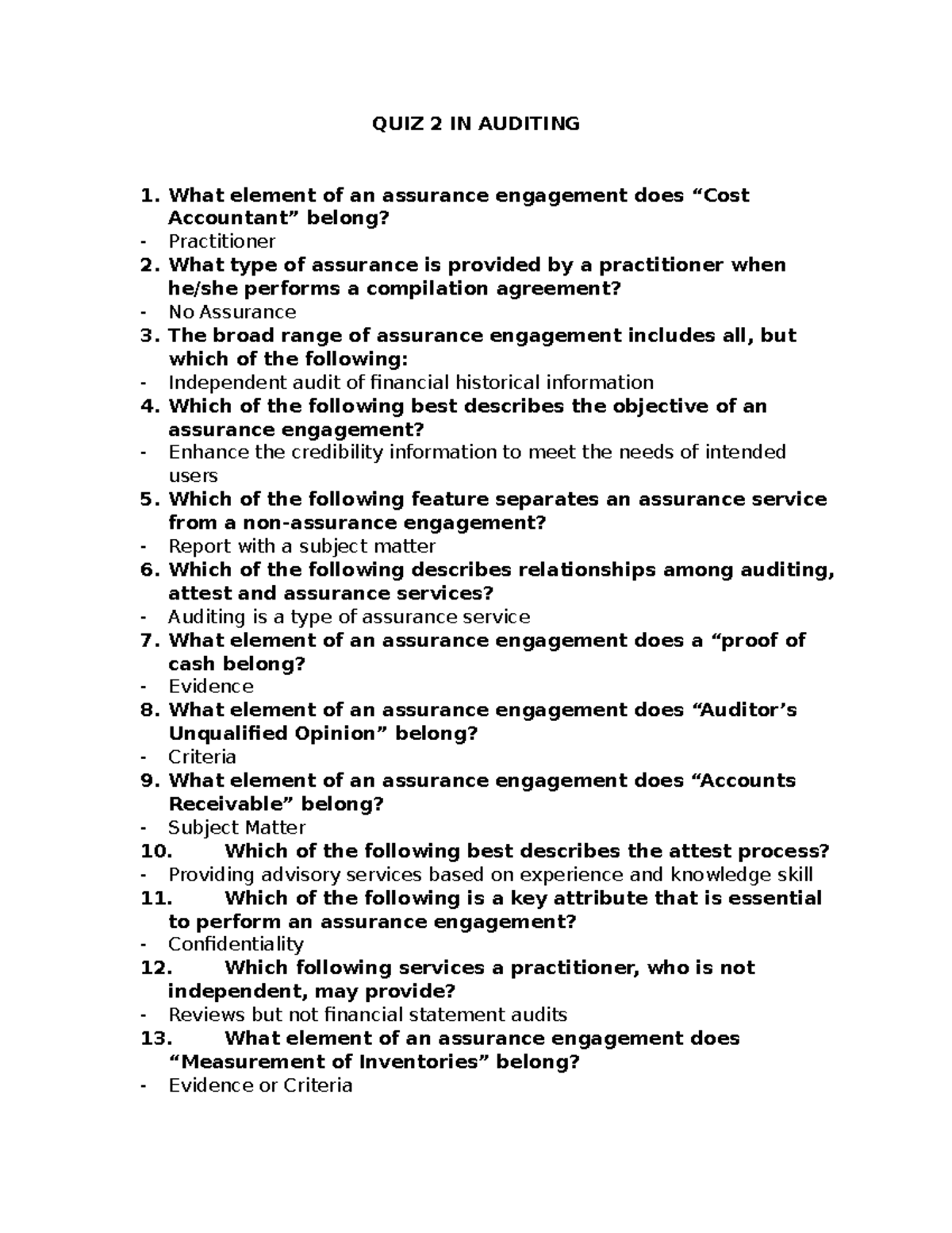 QUIZ 2 IN AUDITING - Key Concepts and Questions Explained - Studocu