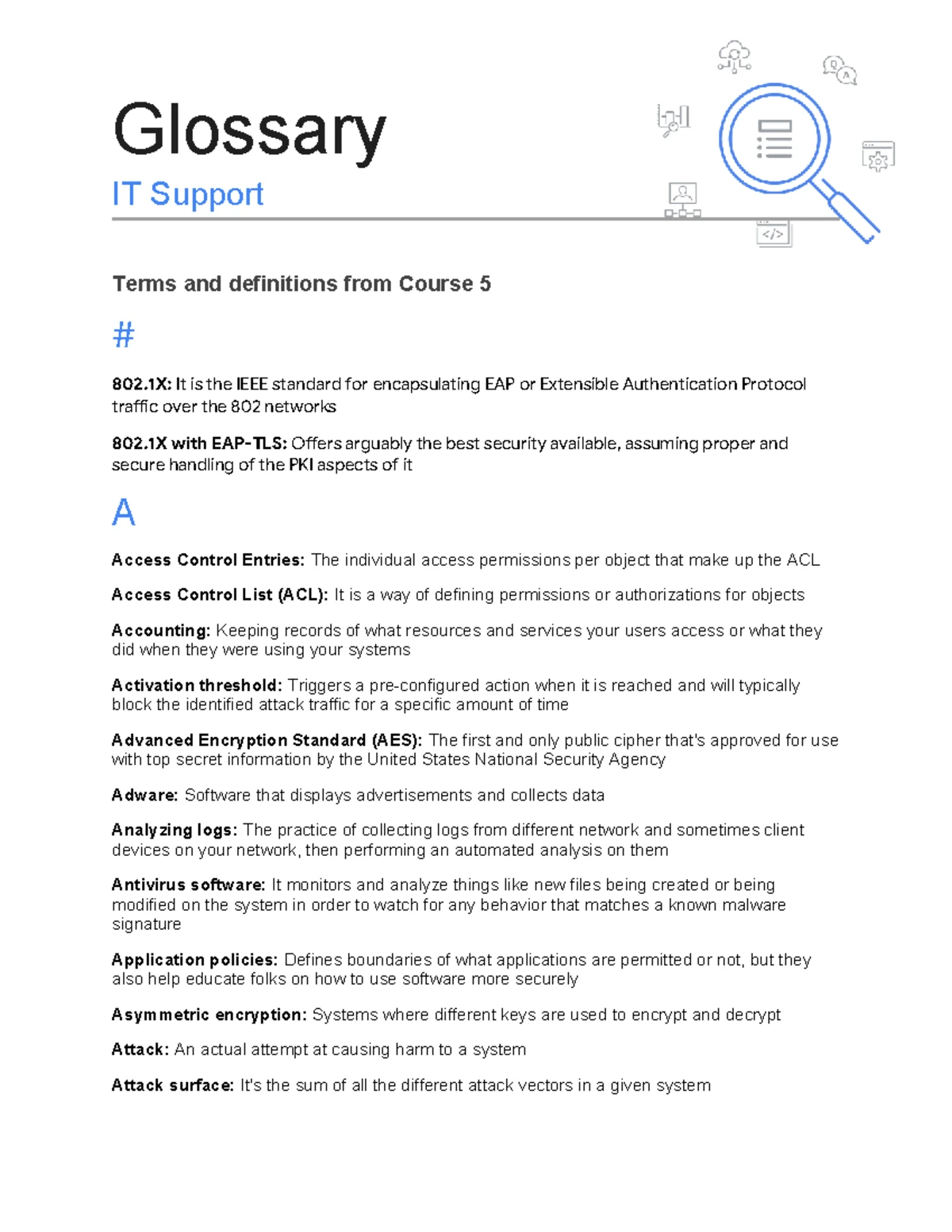 Course 4 - IT Support Terms Glossary and Definitions - Studocu