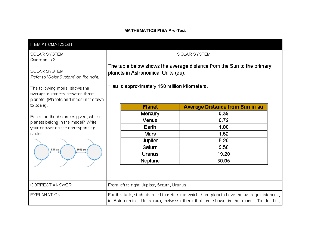 CMA123 Math Pre-Test Answer Key: Solar System & More - Studocu