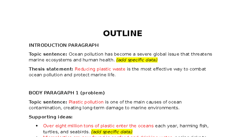 Outline for Essay on Ocean Pollution - ENVI 101 - Studocu