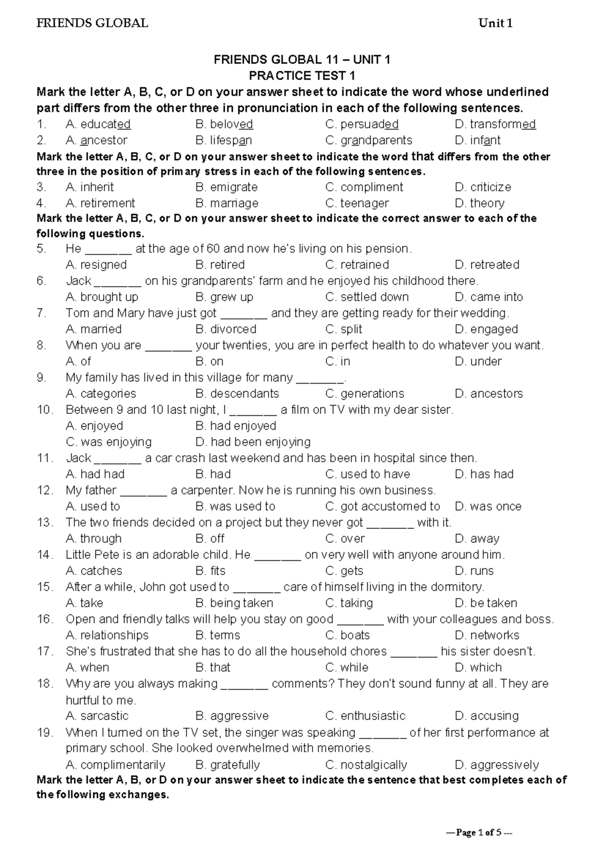Tieng Anh 11 Friends Global - Unit 1 - Practice Test 1 - Studocu