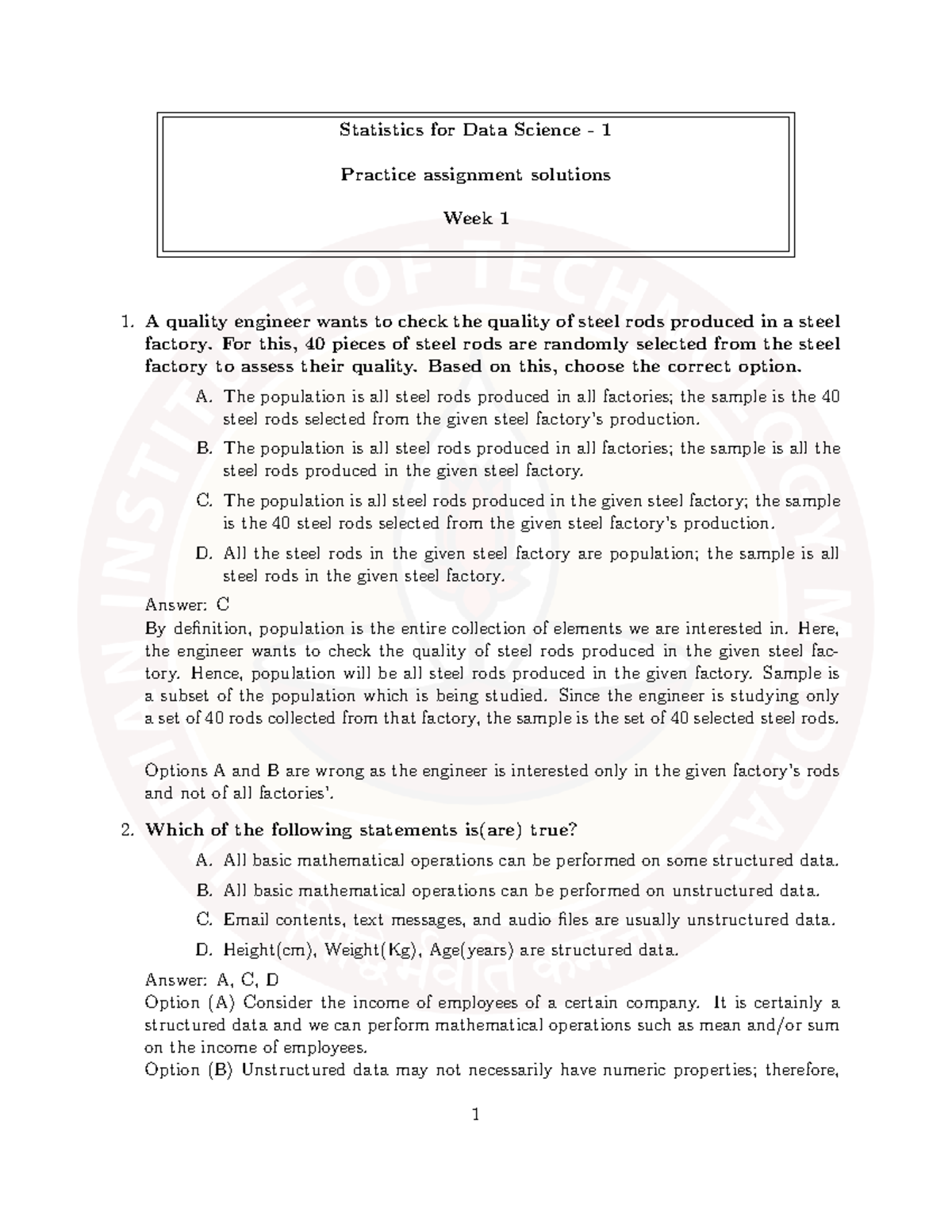 Bscma 1002 Week1 Assignment Solution - Statistics for Data Science - 1 ...