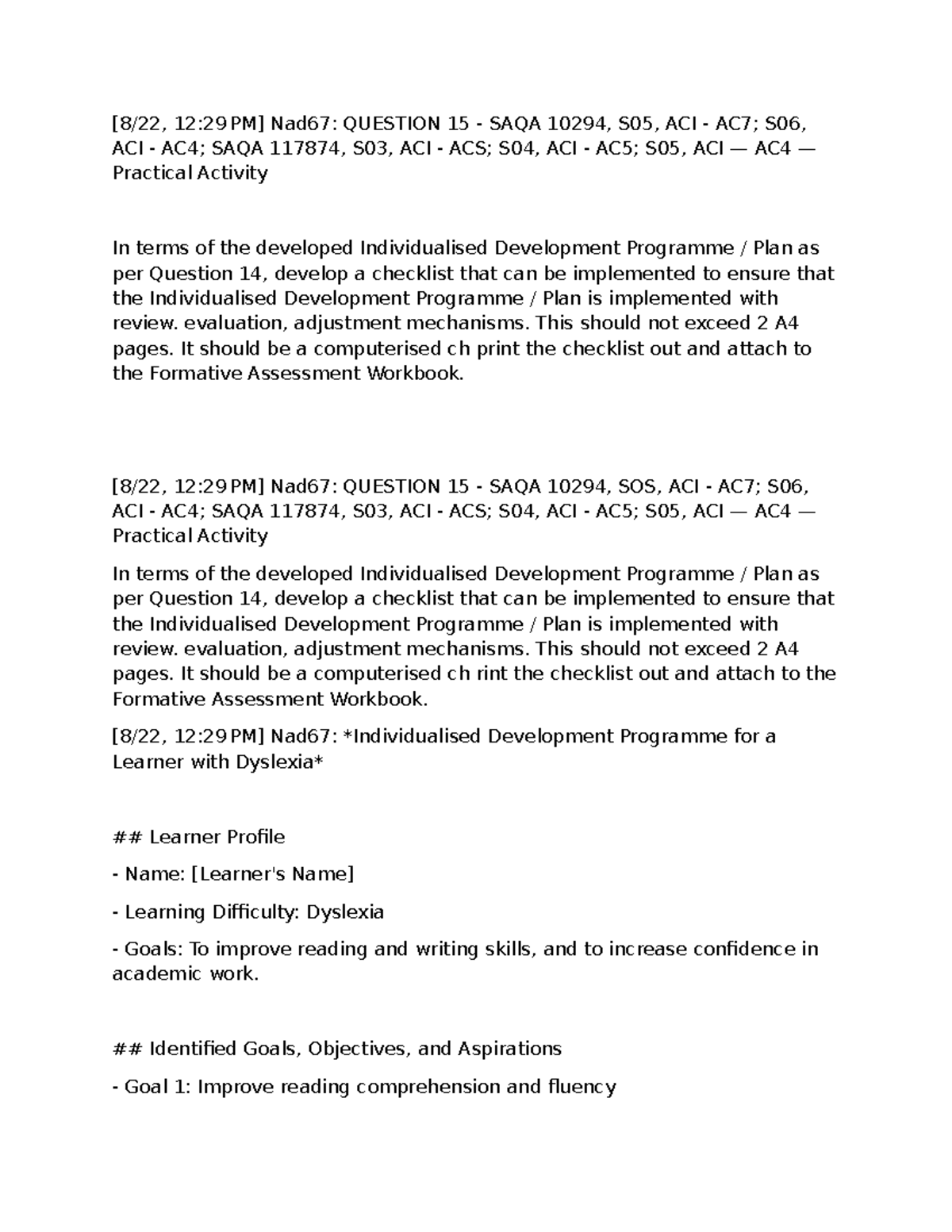 Individualised Development Programme Checklist - SAQA 10294, ACI 117874 ...