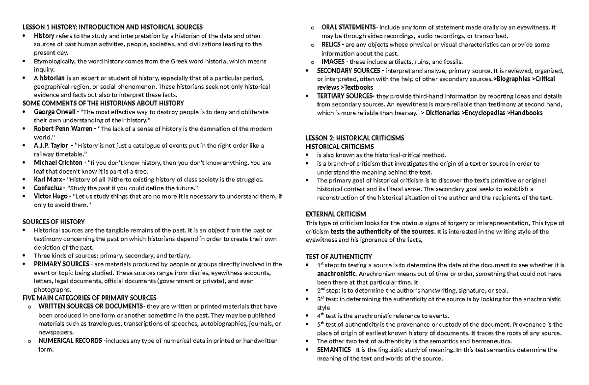 RPH MID - MIDTERM NOTES ON HISTORY AND SOURCES ANALYSIS - Studocu