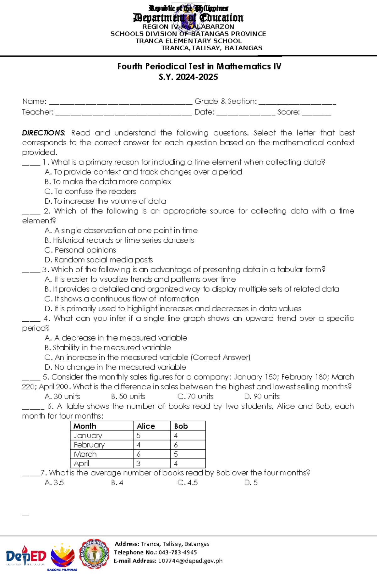 Fourth Periodical Test in Math 4 SY 2024-2025 - Studocu