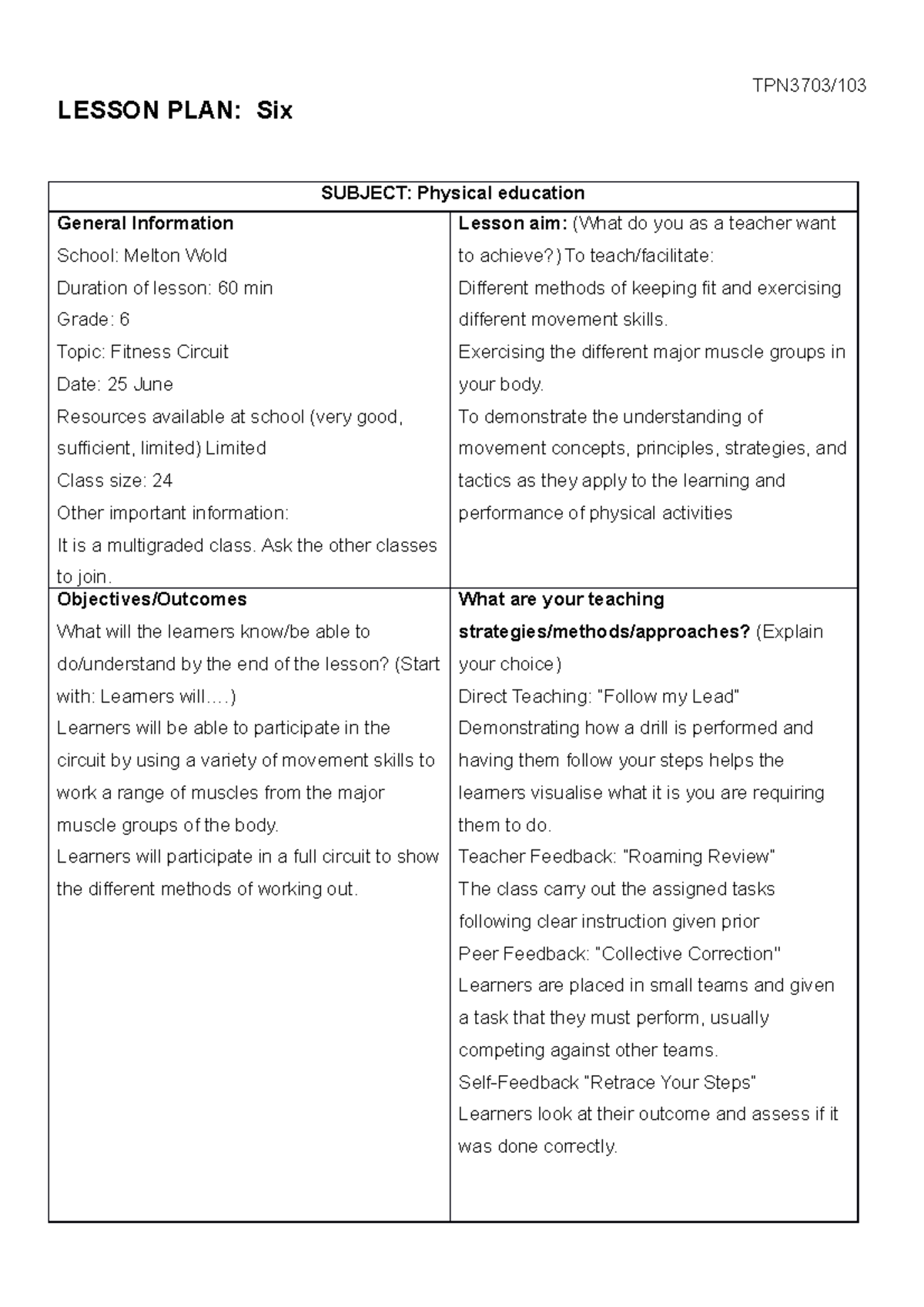 Physical Education Lesson Plan for Grade 6: Fitness Circuit - Studocu