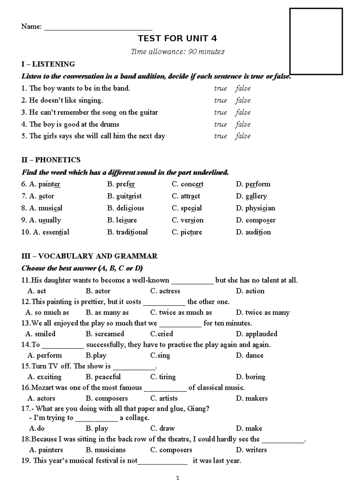 Unit 4 Grade 7 Test: Listening, Phonetics, Vocabulary & More - Studocu
