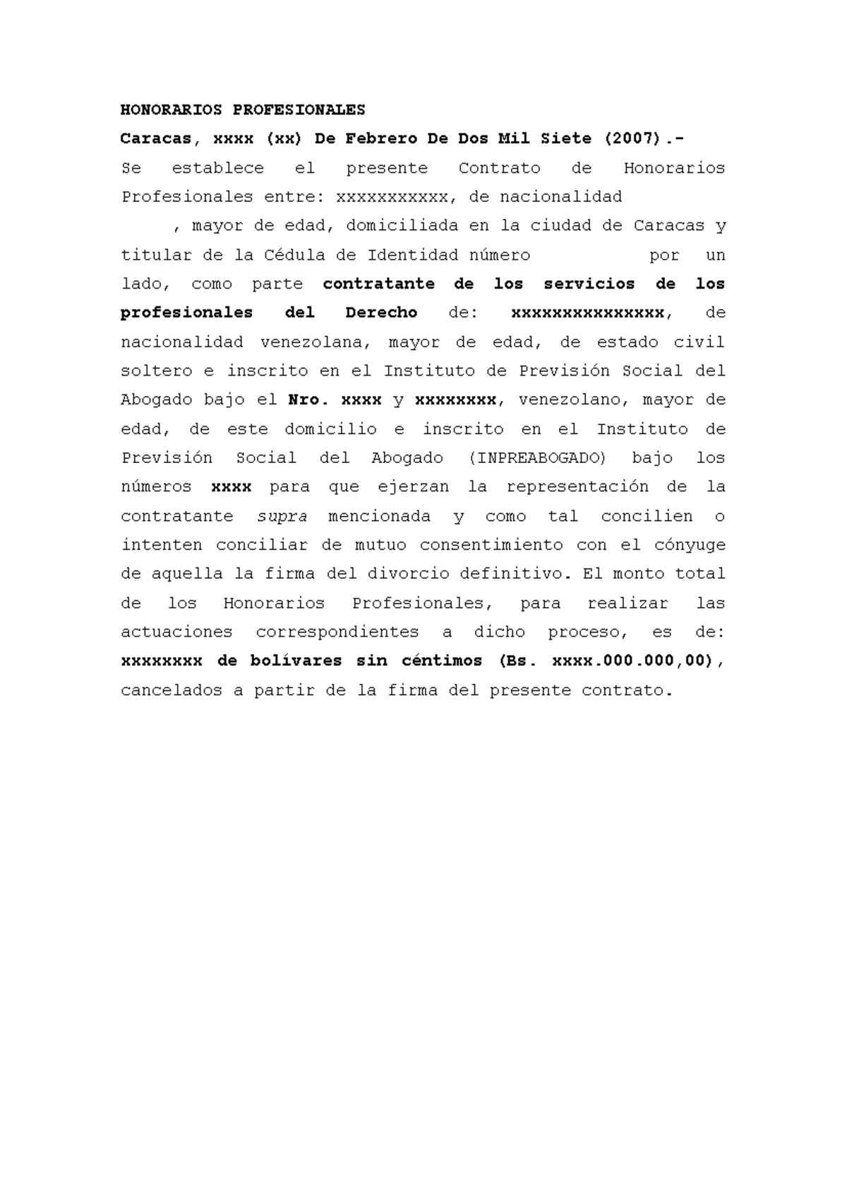 Contrato de Honorarios Profesionales - Caracas, Febrero 2007 - Studocu