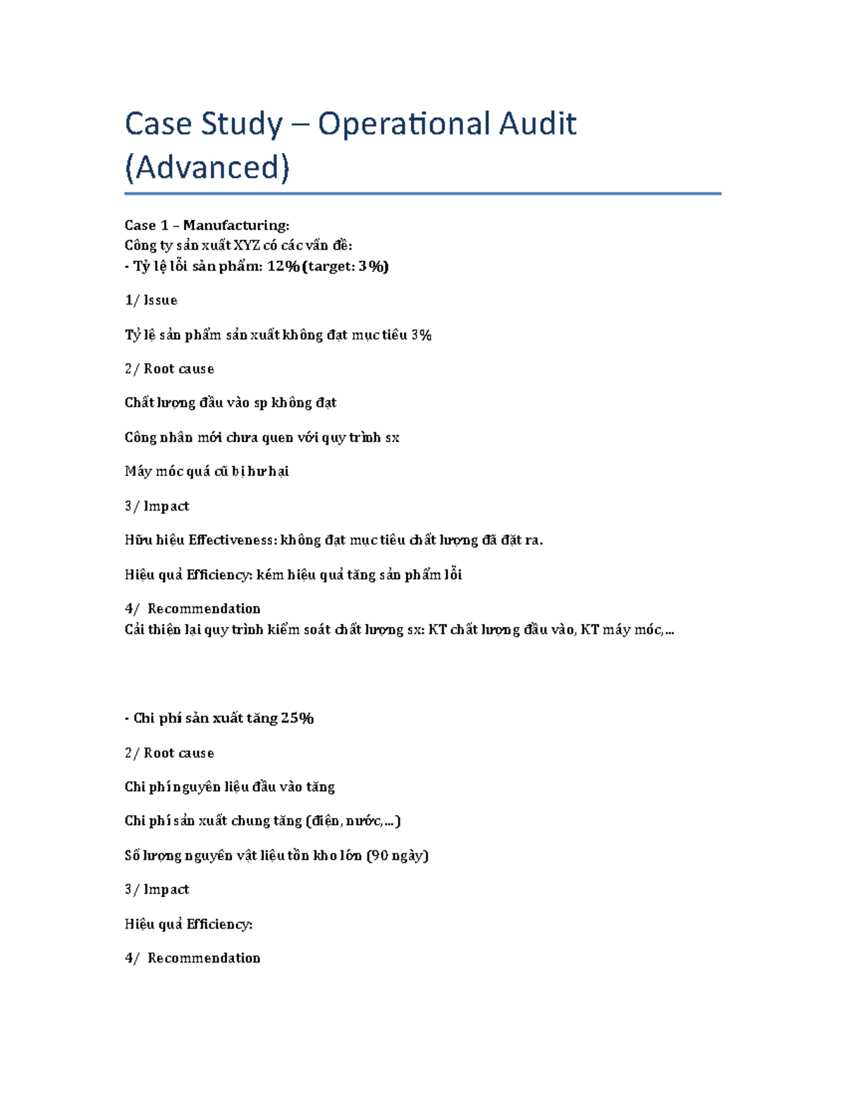 Advanced Case Study: Operational Audit Issues in Manufacturing (XYZ ...
