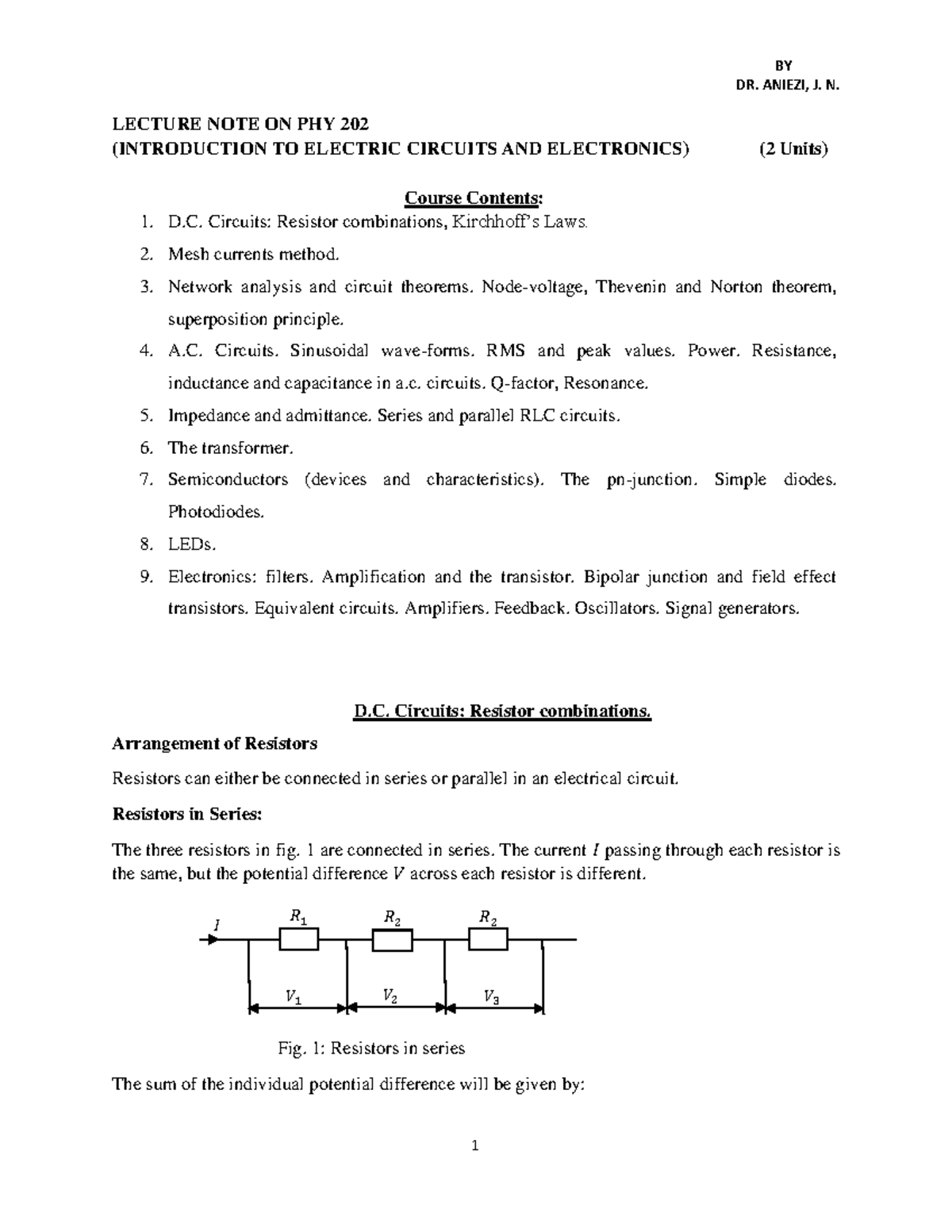 Lecture Notes on PHY 202: Introduction to Electric Circuits and ...