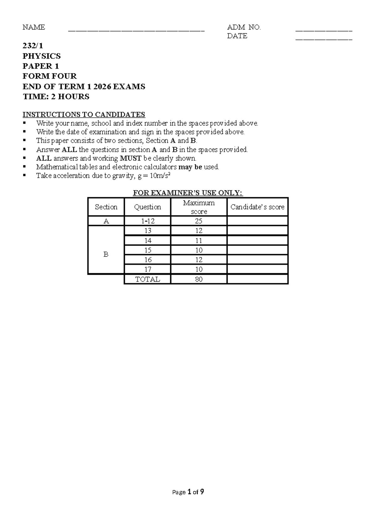 Physics Paper 1 Questions for Form 4 End Term 1 2026 - Studocu