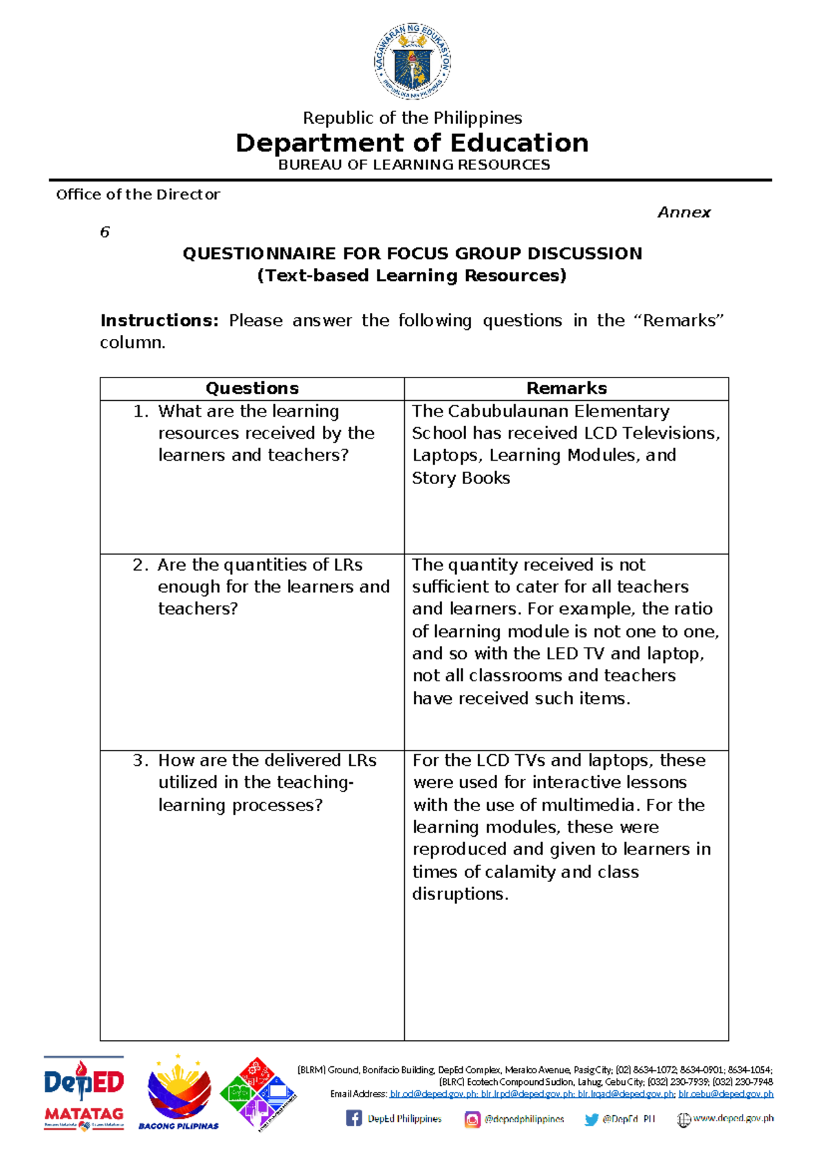 Questionnaire FOR Monitoring - Republic of the Philippines Department ...