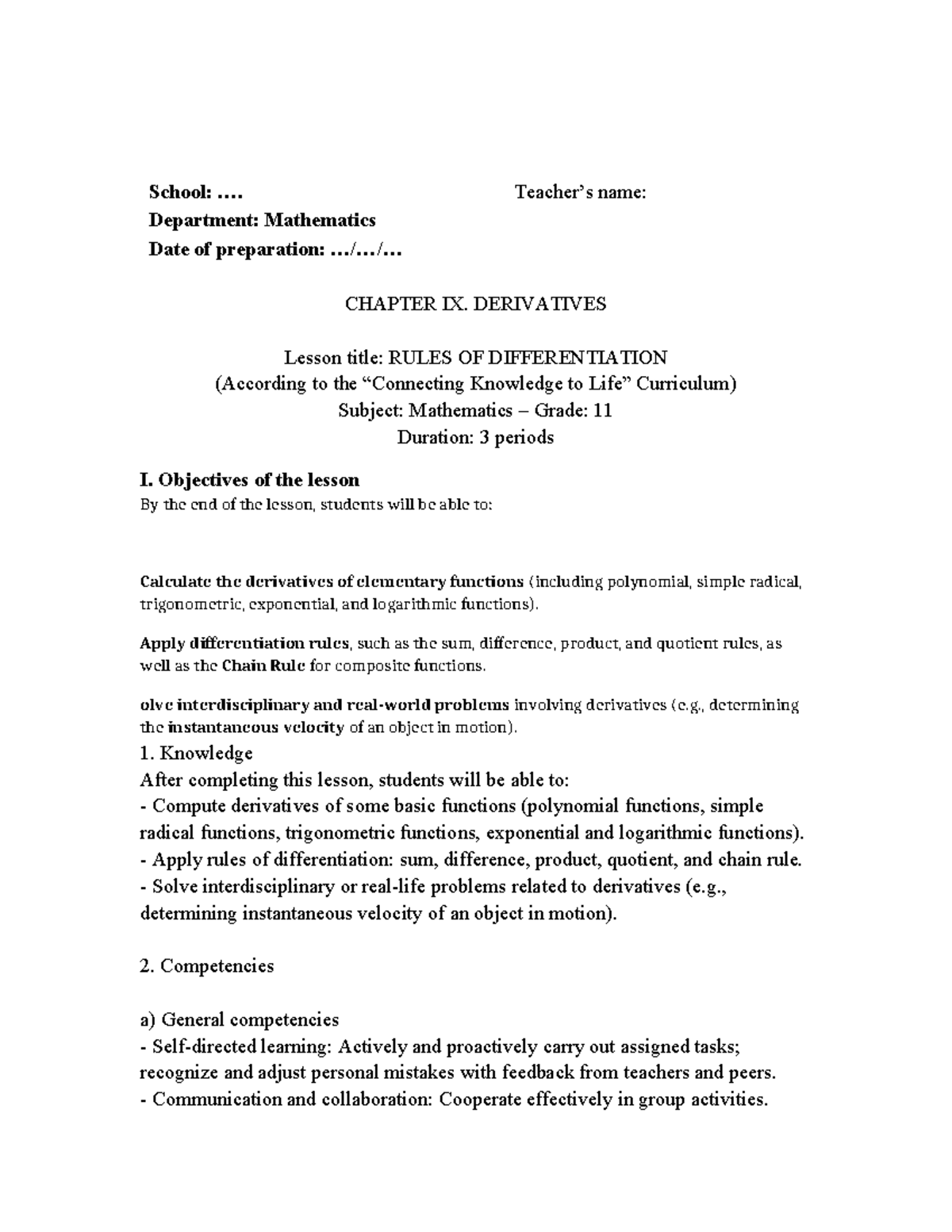 Mathematics 11: Chapter IX - Rules of Differentiation Lesson Notes ...