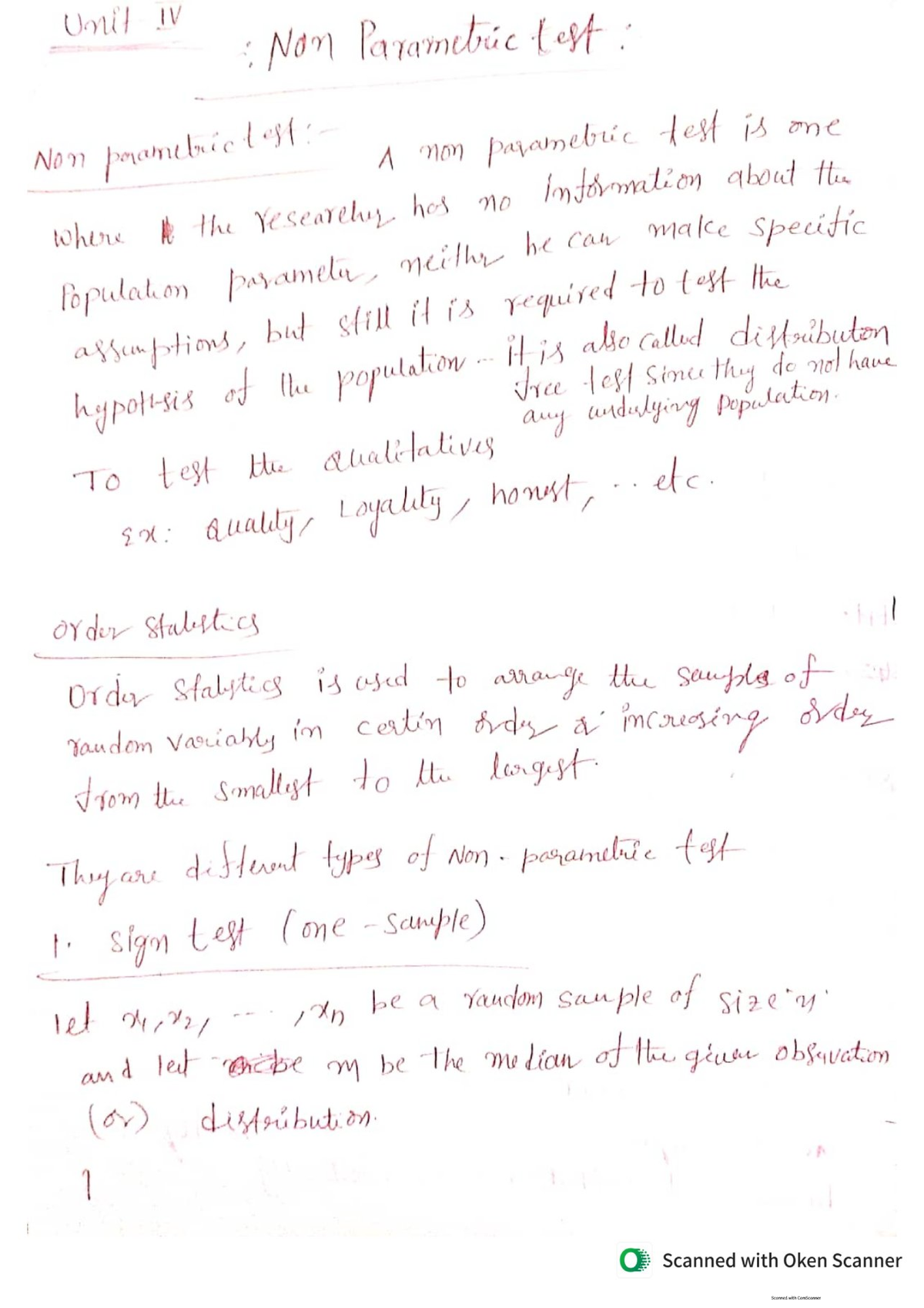 Unit IV: Non-Parametric Tests - Comprehensive Notes and Examples - Studocu