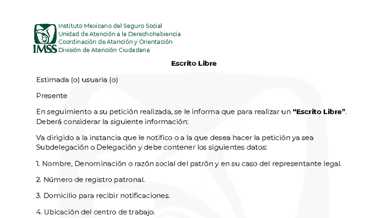 Requisitos para Escrito Libre IMSS: Guía de Solicitud - Studocu