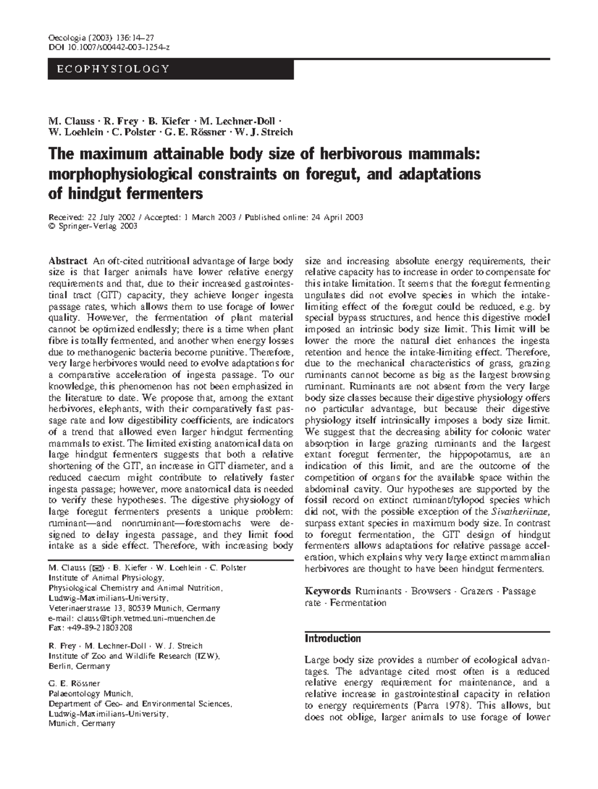 Maximum Body Size of Herbivorous Mammals: Ecophysiological Constraints ...
