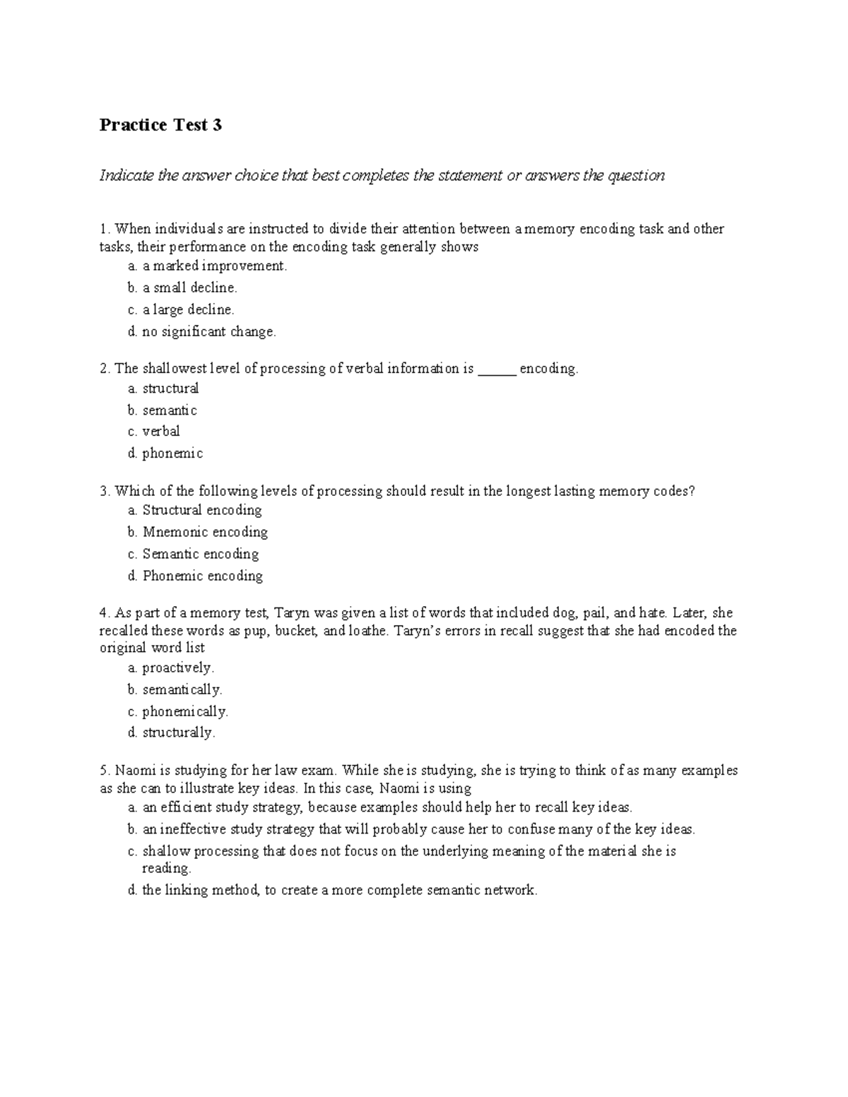 Practice Test 3: Memory and Intelligence Concepts - Practice Test 3 ...
