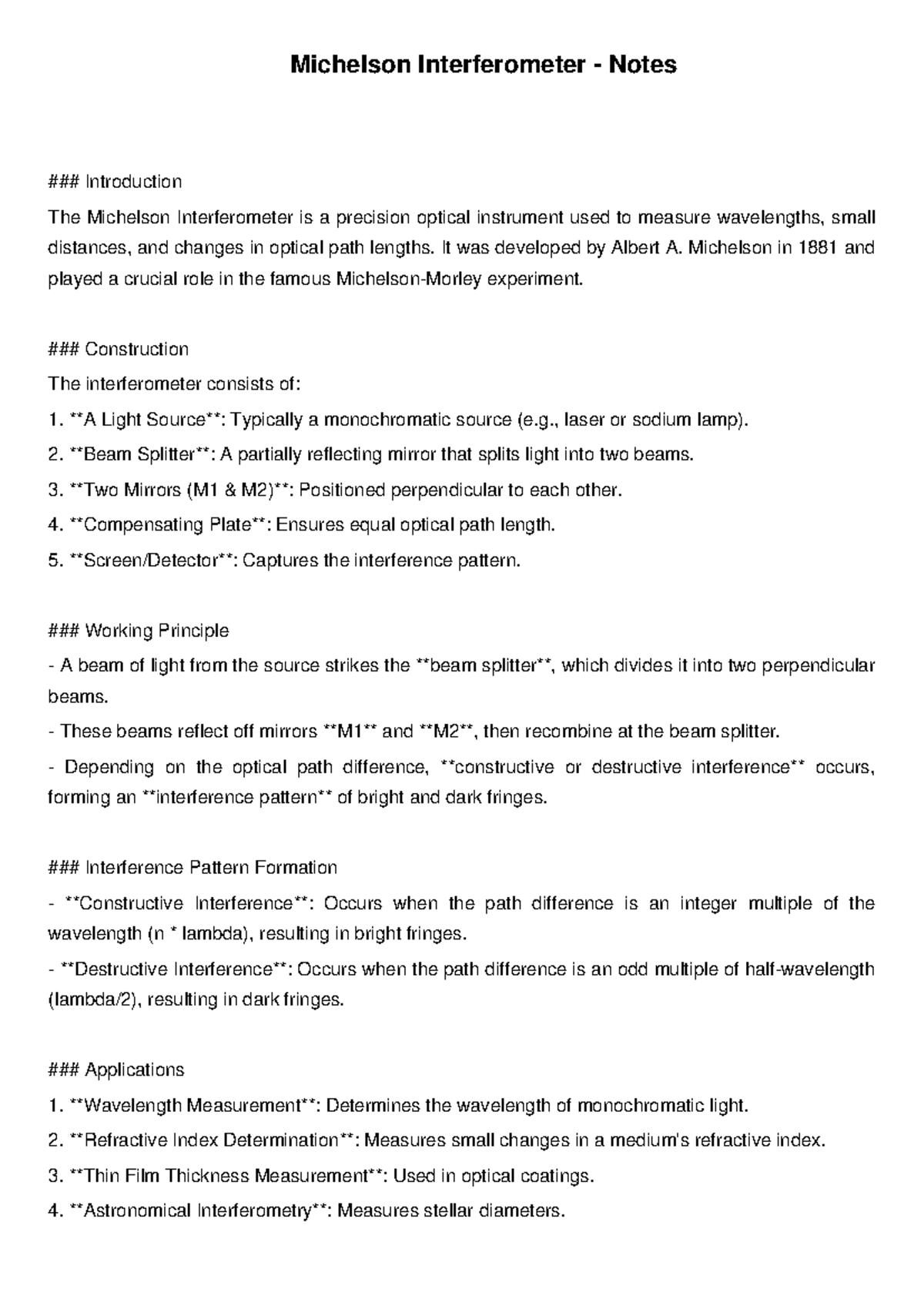 Michelson Interferometer Notes: Principles and Applications - Studocu