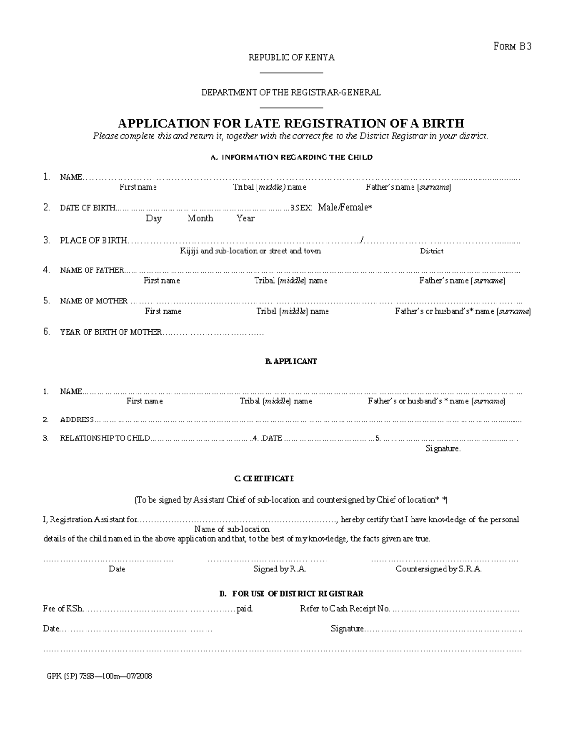 397096124 Application for Late Registration of Birth Certificate Form B ...