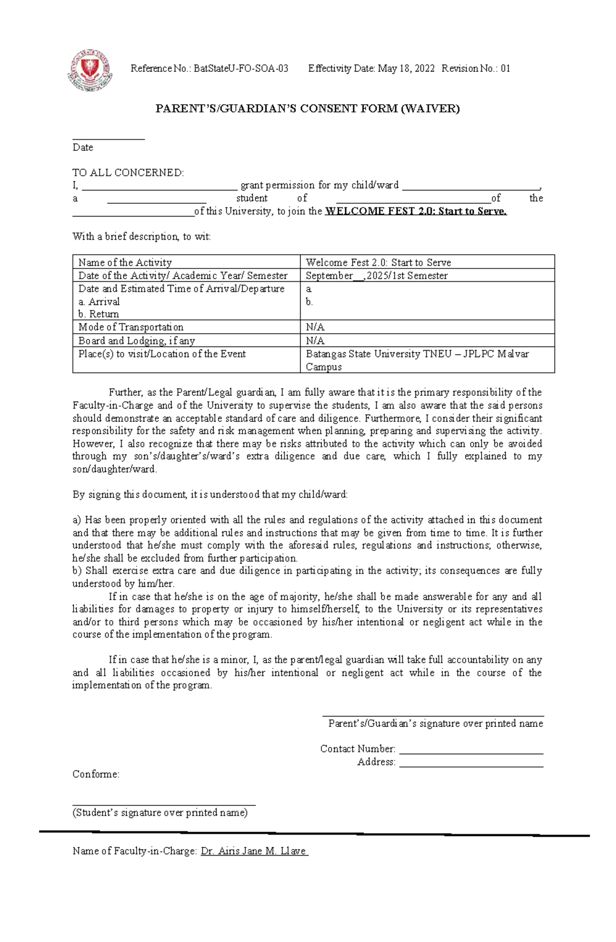 Welcome Fest 2.0 Consent Form Waiver - Batangas State University - Studocu