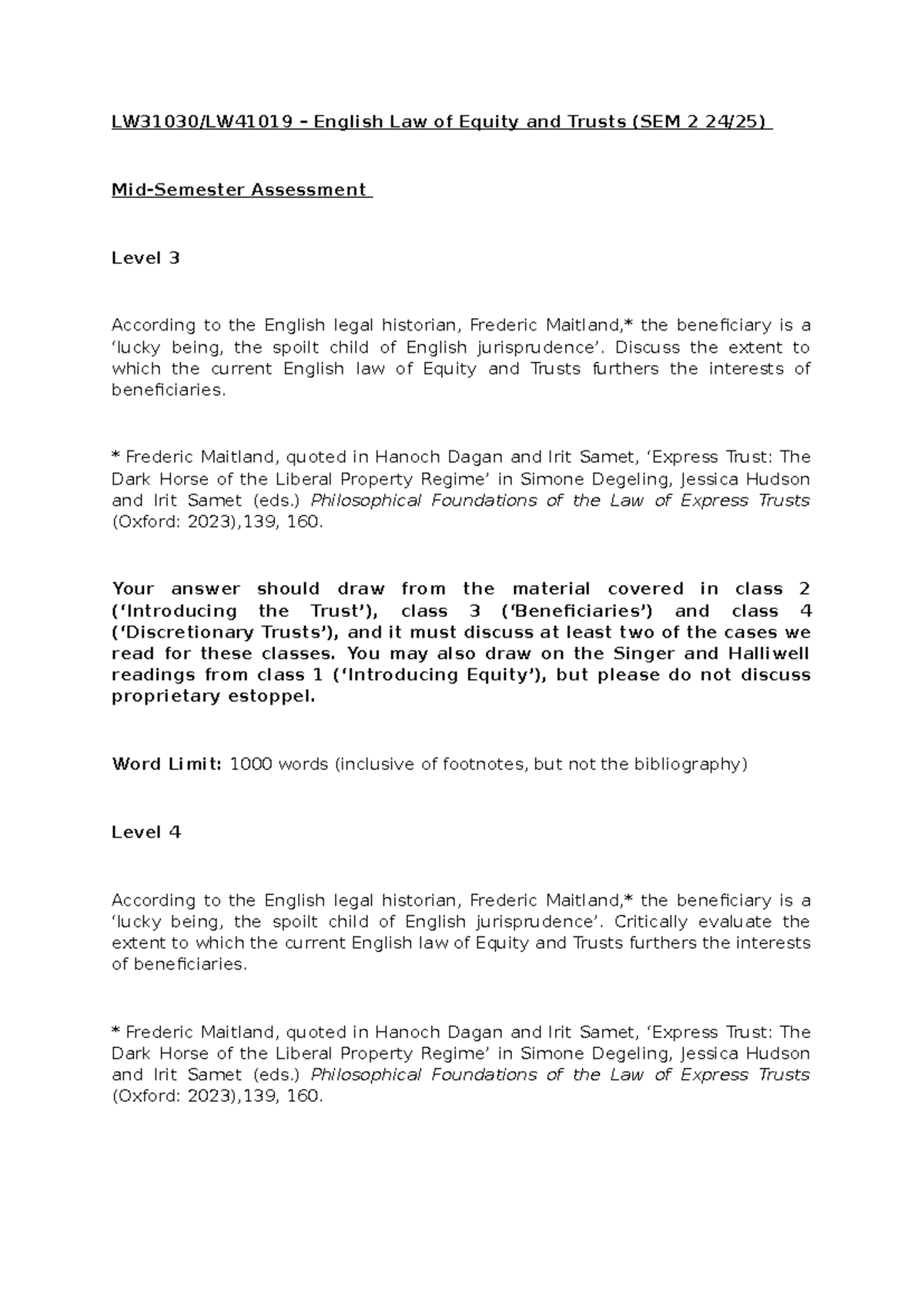 LW31030 LW41019 Equity and Trusts Mid-Term Assessment 2024-2025 - Studocu